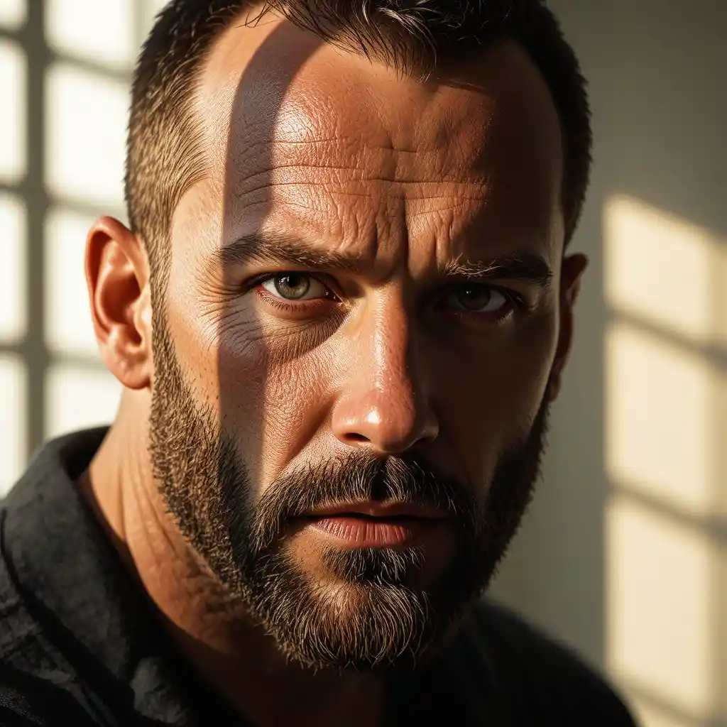 Cinematic close up portrait of a stoic bald man
