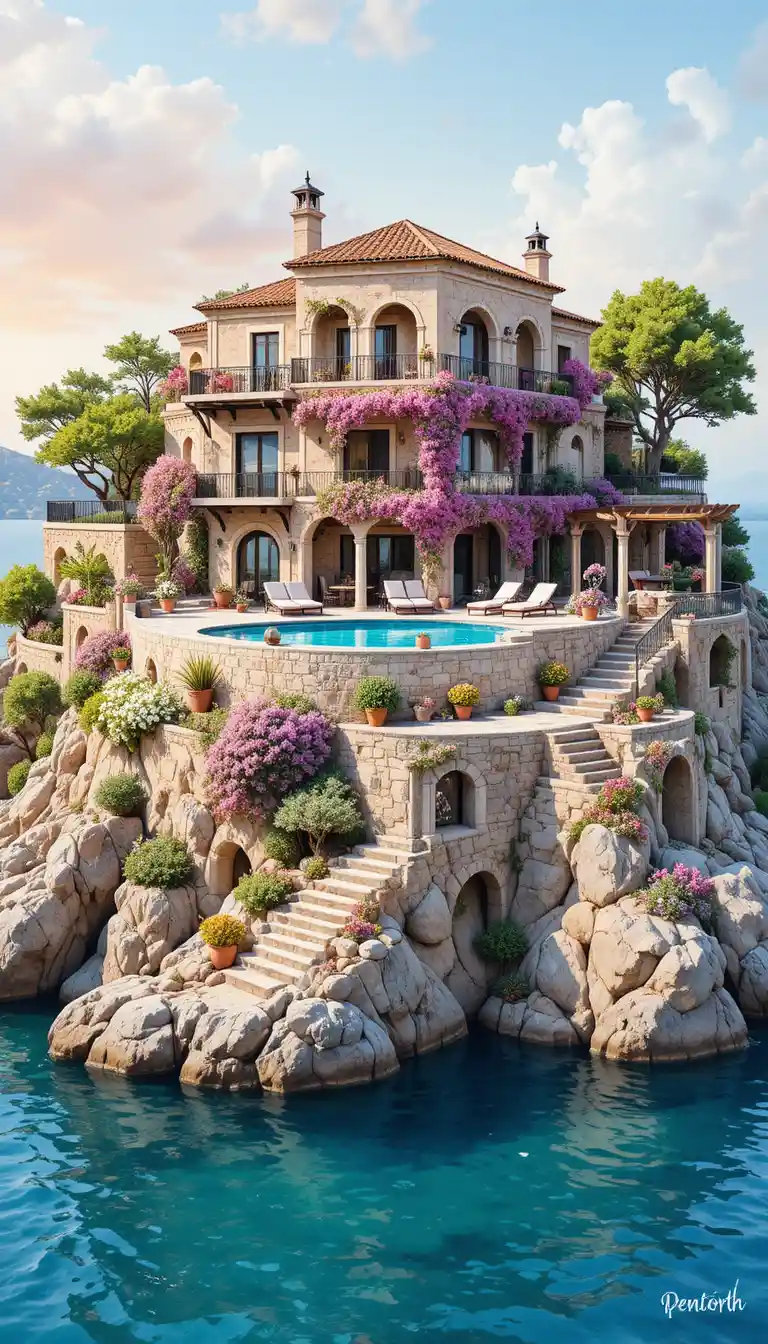 Mittelmeer-Villa an der Klippe mit Infinity-Pool bei Sonnenuntergang