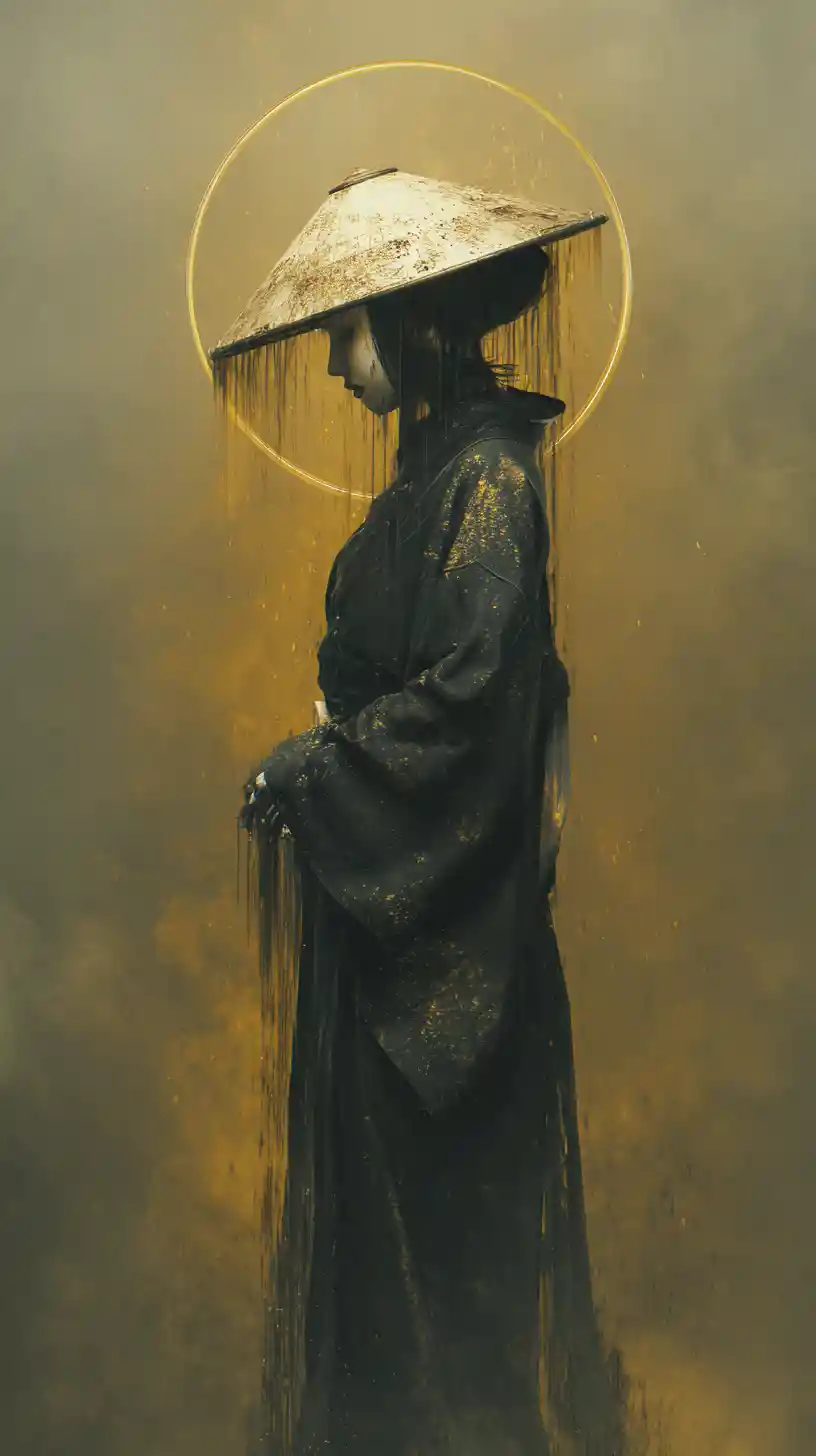 Inquietante figura de geisha encapuchada que emerge de las sombras lluviosas de la ciudad