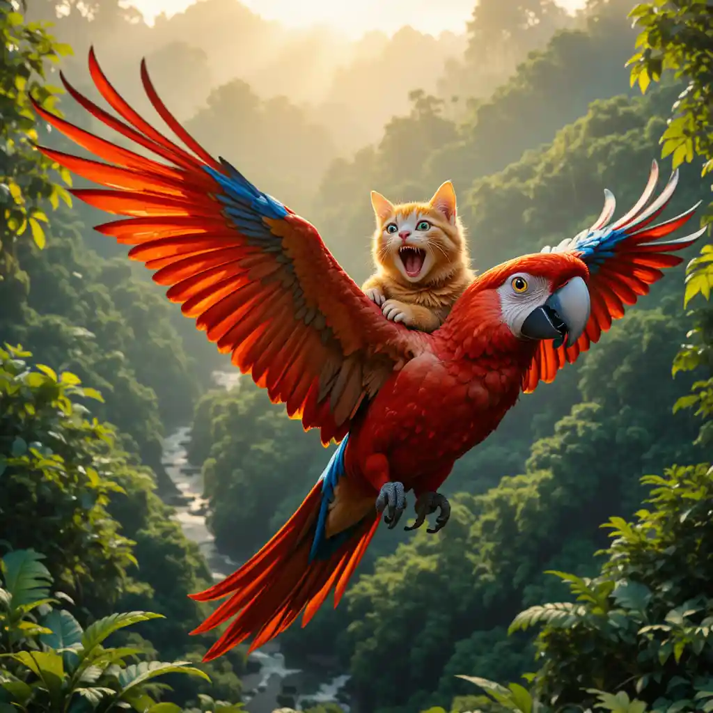 Cat riding scarlet macaw above glowing tropical rainforest