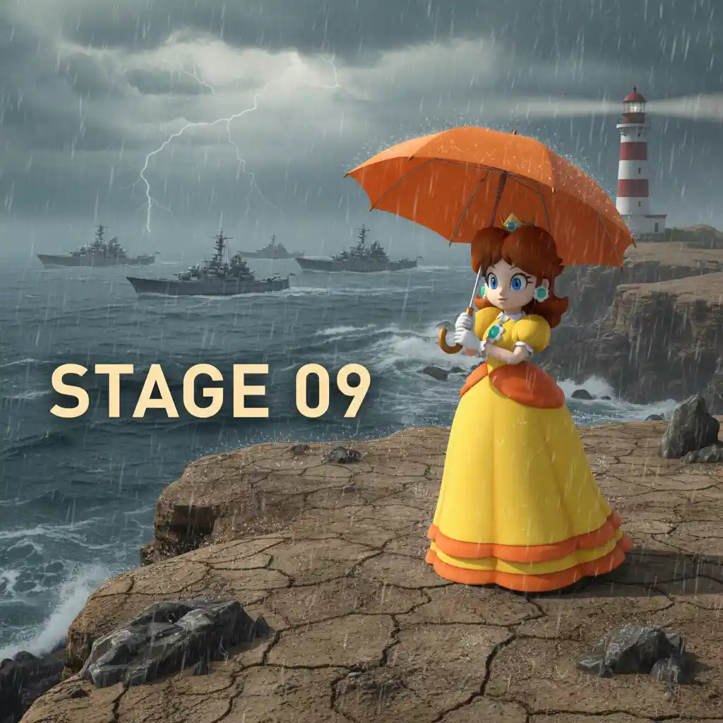 Princess figure with umbrella on stormy seaside headland