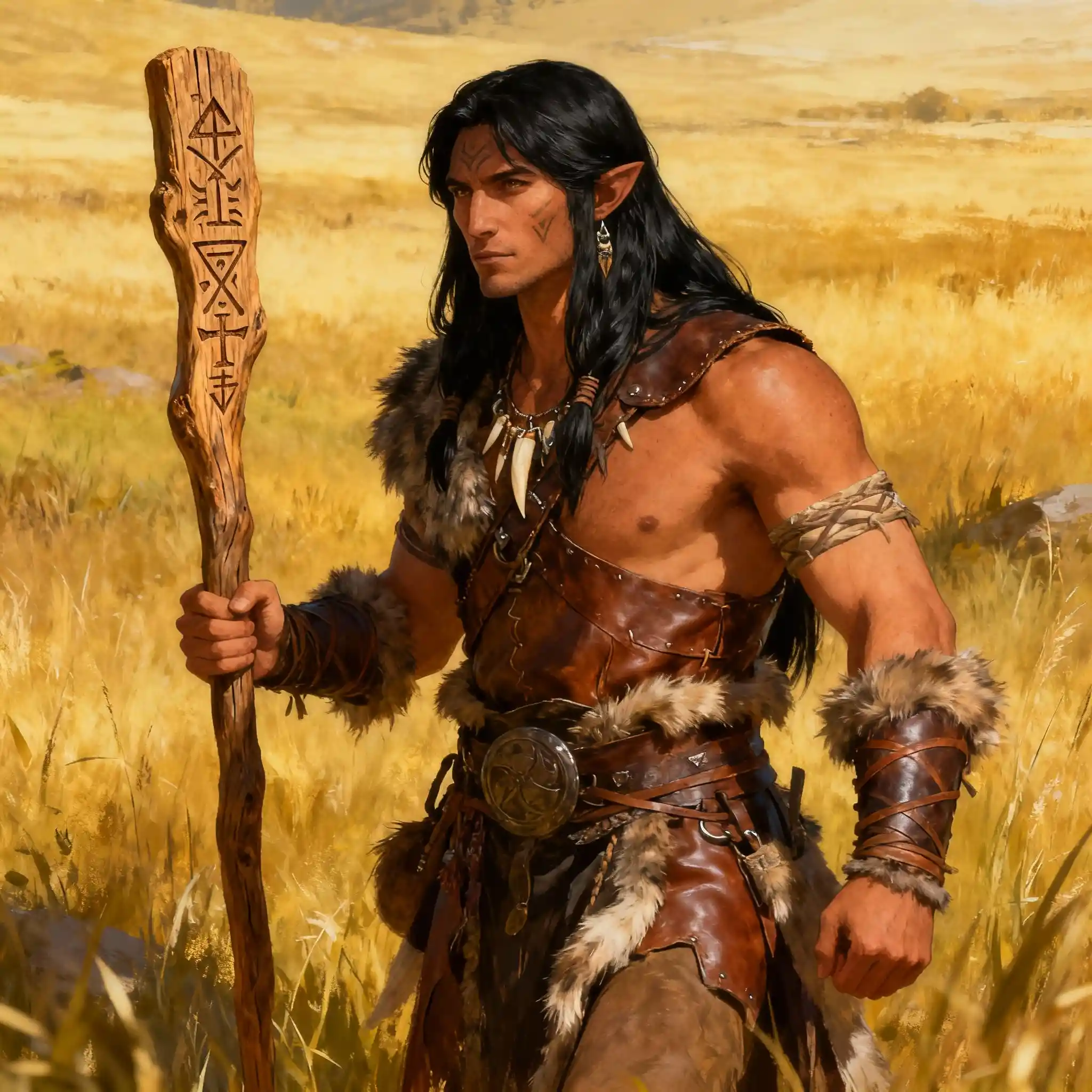 Nomadic druid woman standing in open grassland