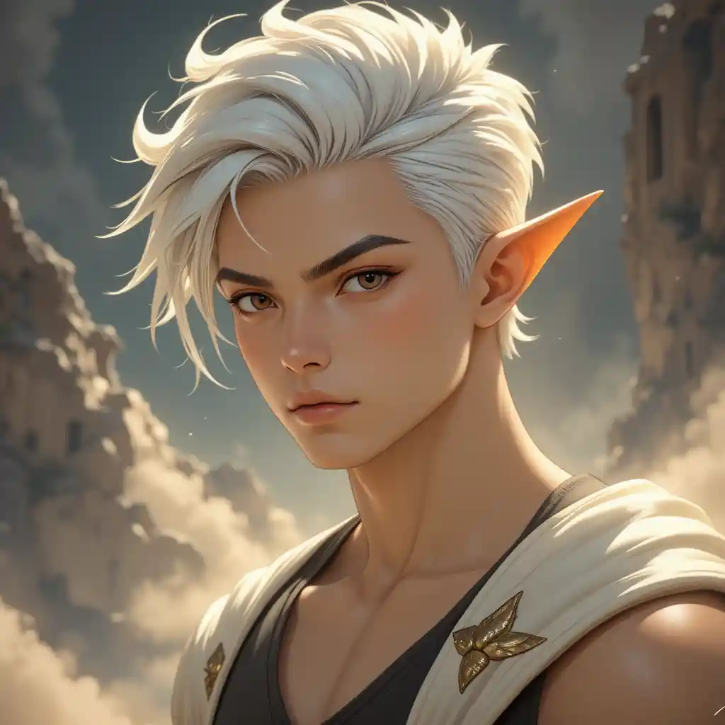 Young celestial man with dark eyes and white hair