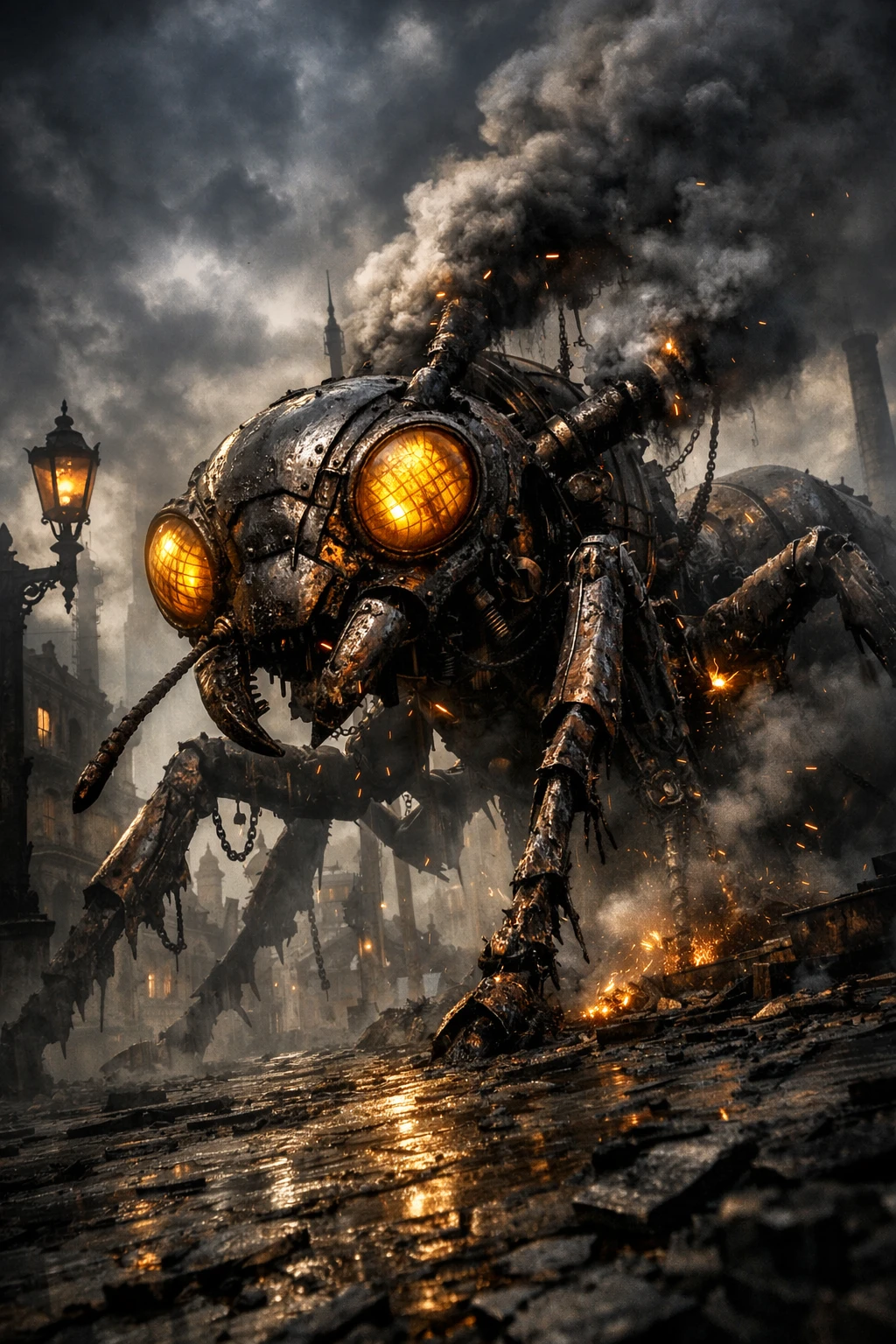 Gigantic steampunk insect crawling through abandoned industrial city