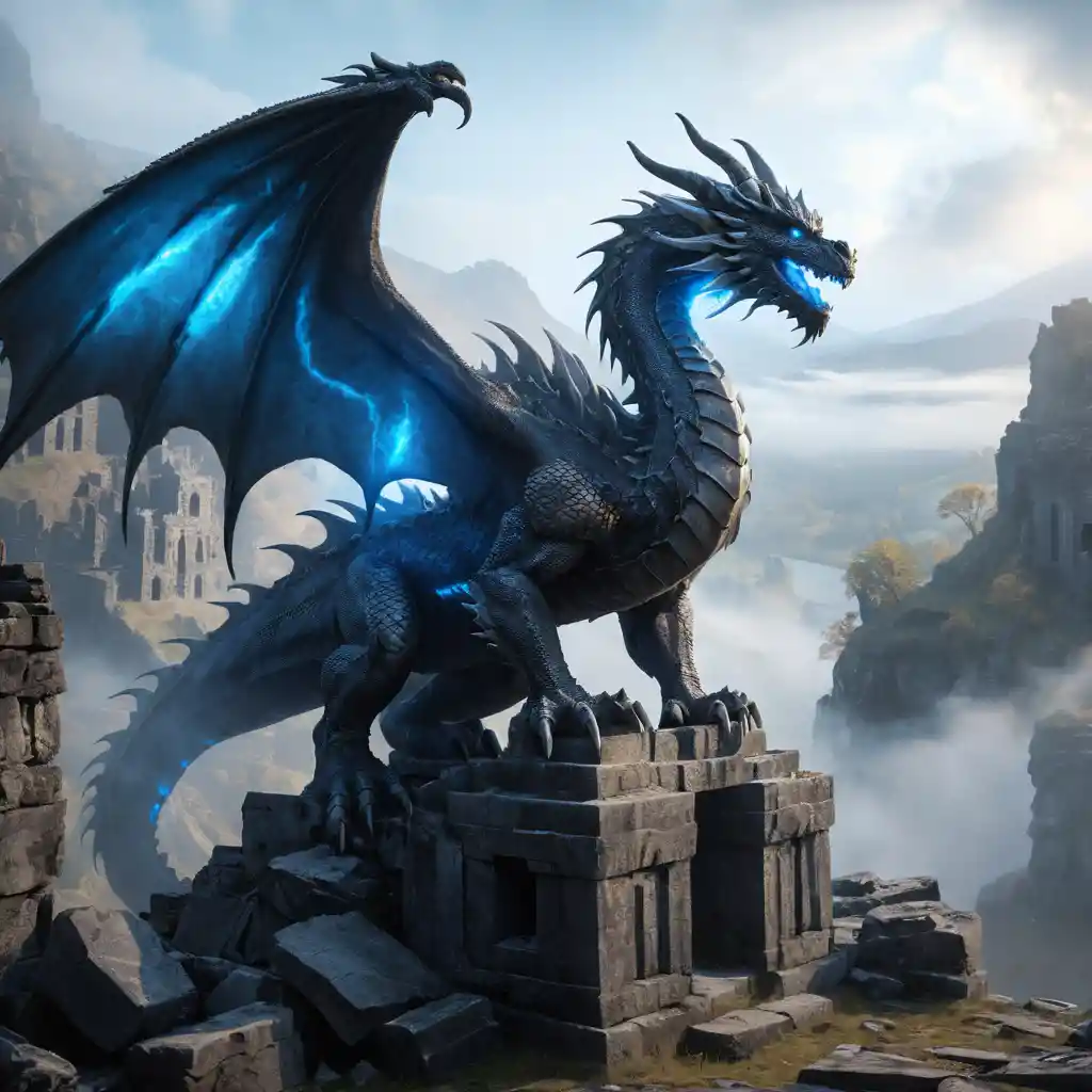 Dragón de piedra con ojos azules brillantes sobre ruinas cubiertas de niebla