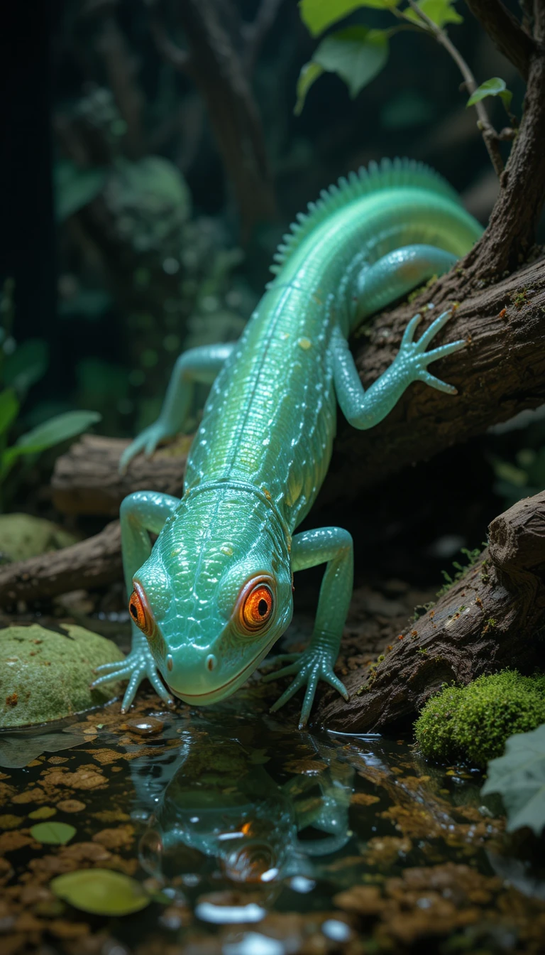 Lézard vert translucide explorant un terrarium feuillu