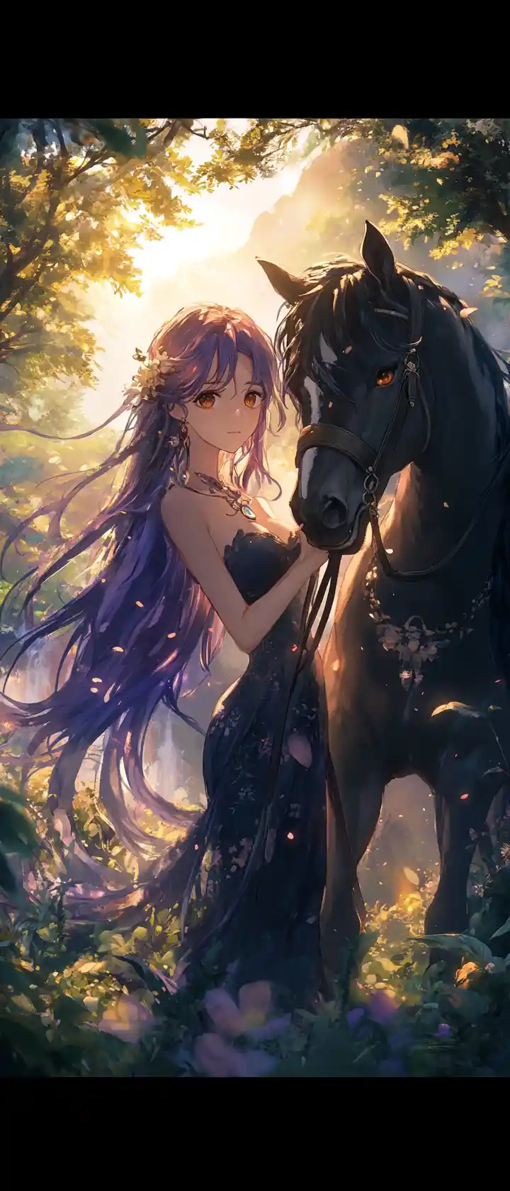 Ragazza anime con cavallo nero in una radura nel bosco al tramonto