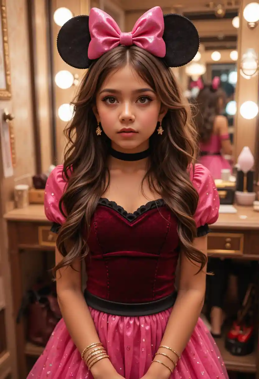 Tween boy styled as girl in pink minnie mouse dress