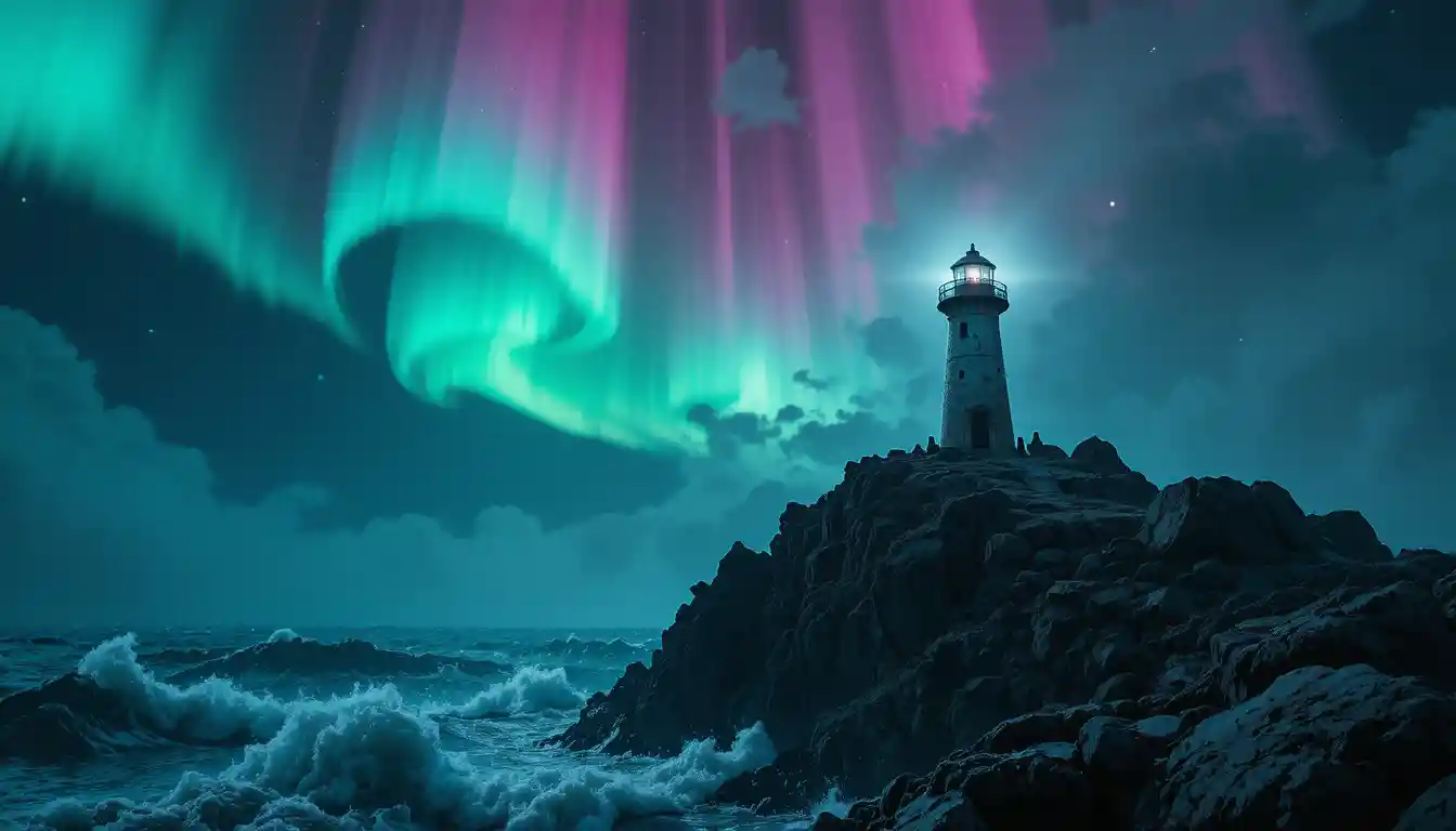 Lonely lighthouse under swirling aurora above dark sea