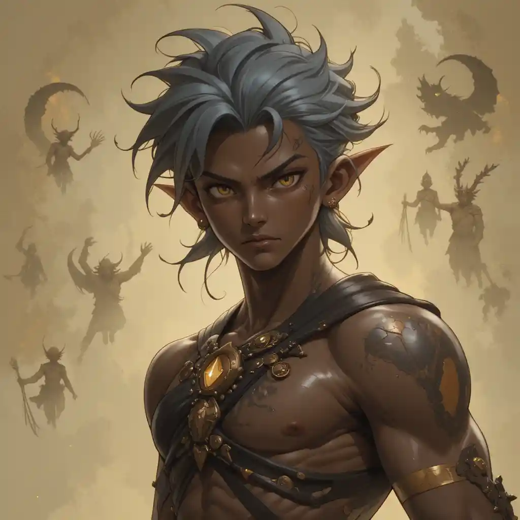 Brown skinned fantasy man with yellow eyes and dark gray hair