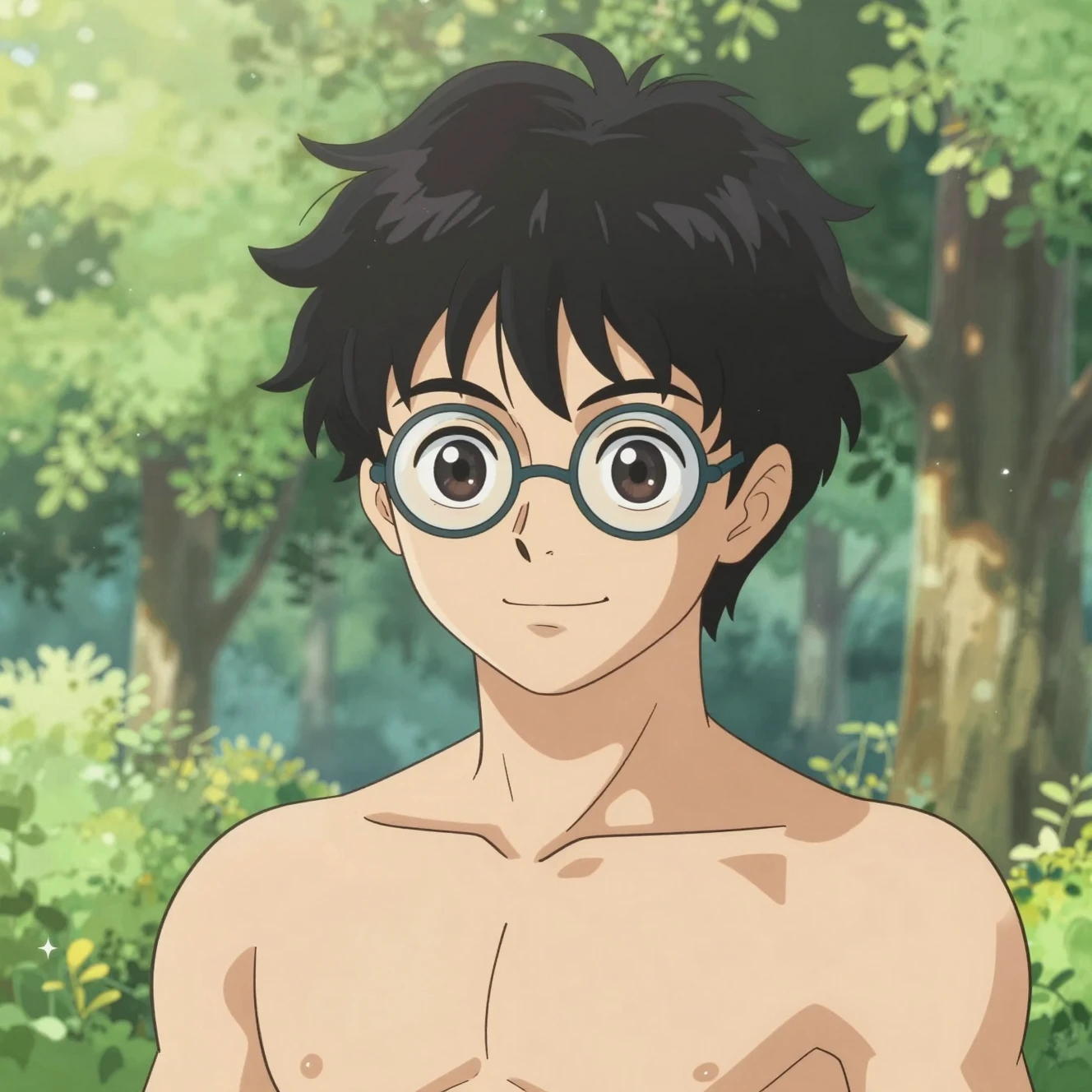 Retrato de chico anime confiado en un bosque de verano resplandeciente