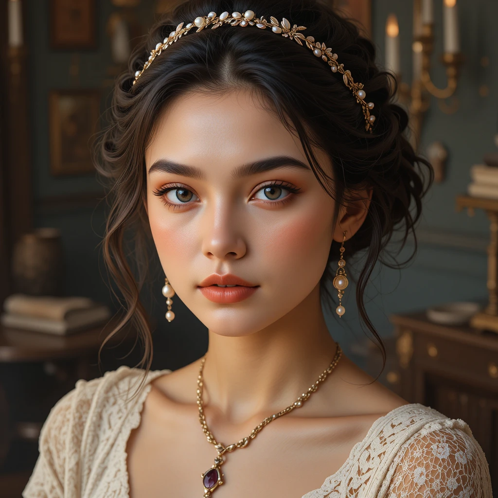Portrait chaleureux d’une jeune femme avec des bijoux en or vintage