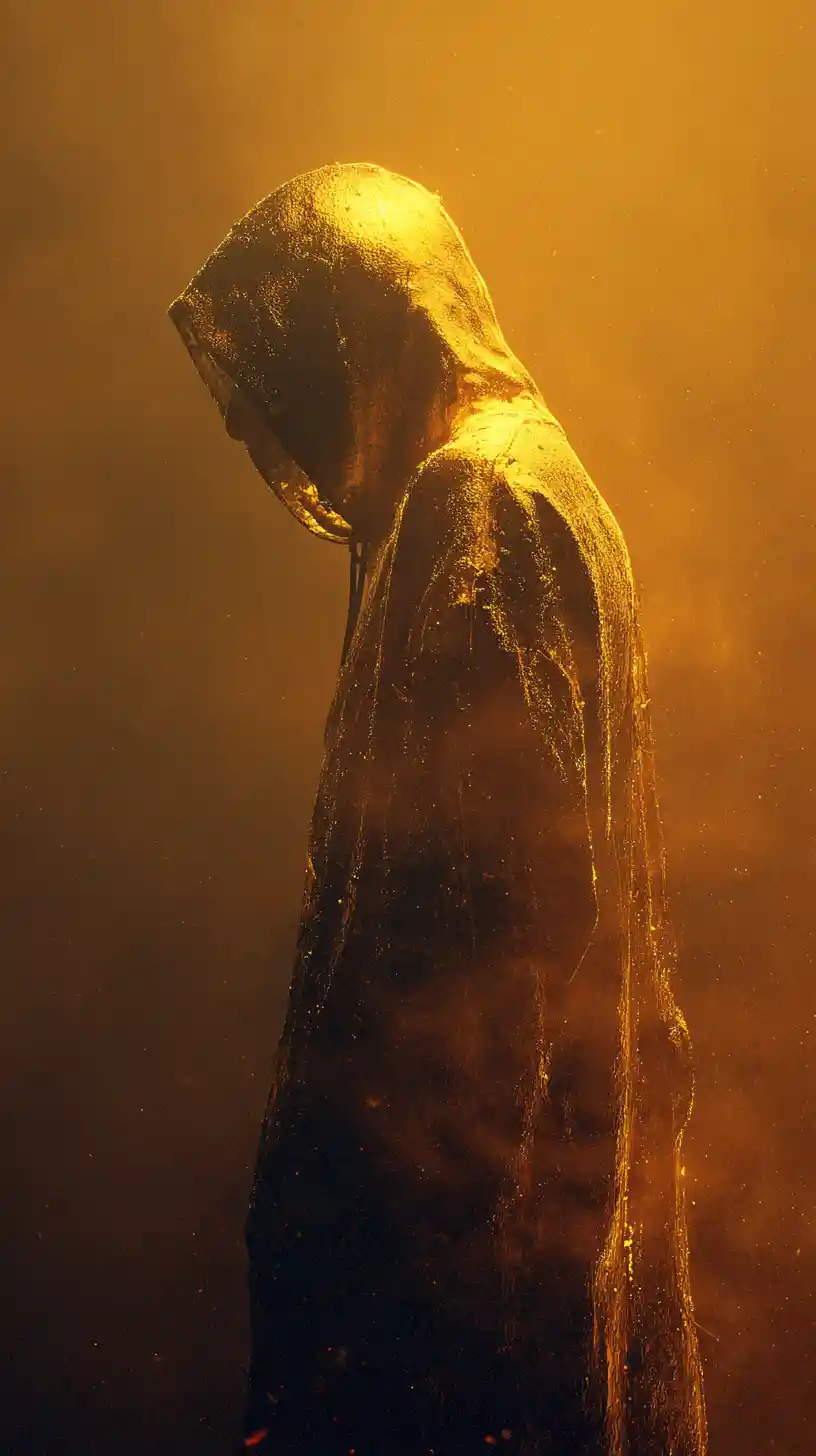 Haunting hooded figure of mist on a rainy city street