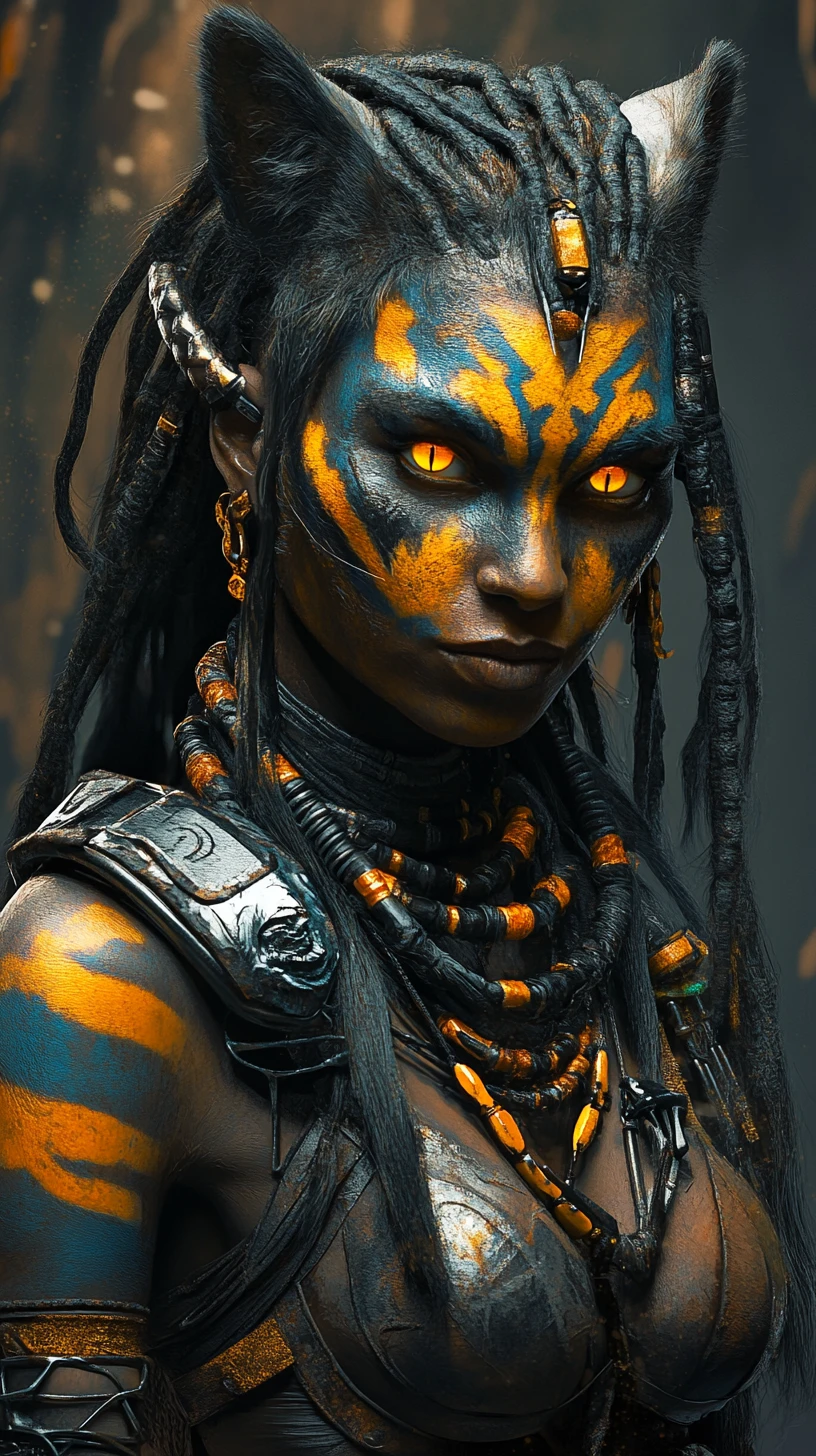 Alien feline warrior woman with glowing yellow eyes