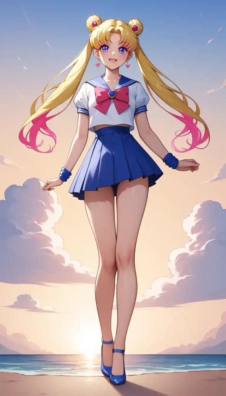 Joyful anime girl standing outdoors at sunrise