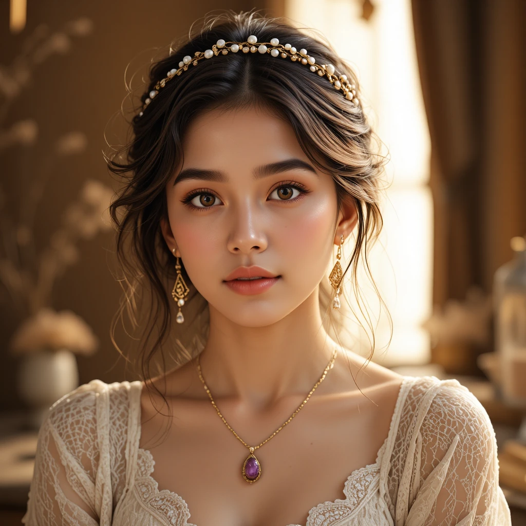 Retrato cálido de una joven con joyas de oro y perlas
