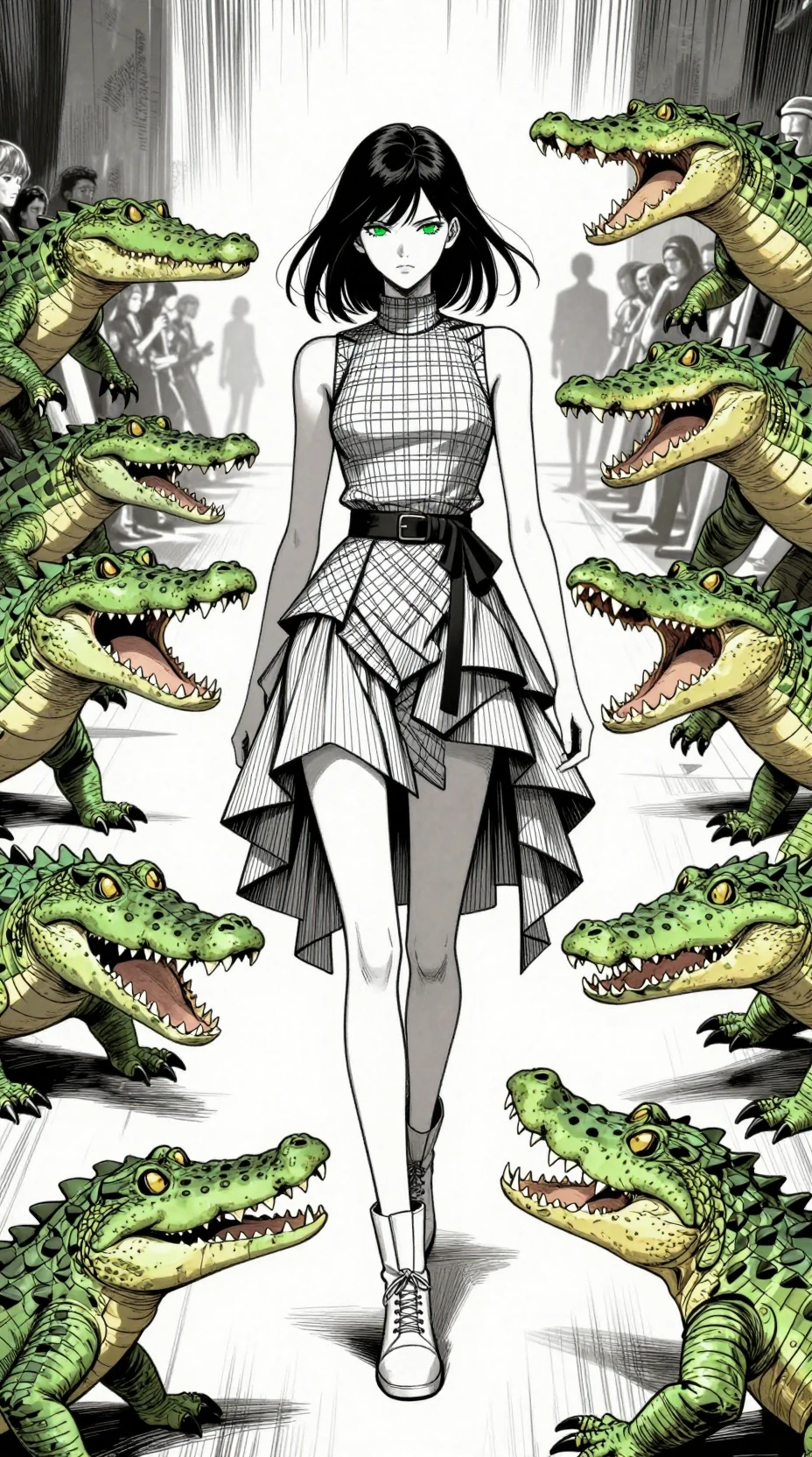 Anime fashion model on runway with circling crocodiles
