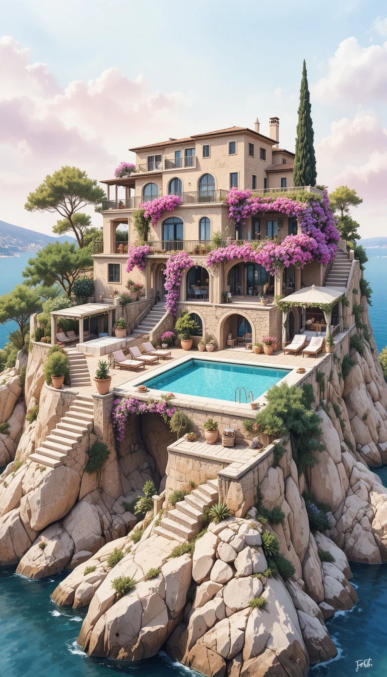 Villa mediterranea sulla scogliera sopra una tranquilla piscina a sfioro