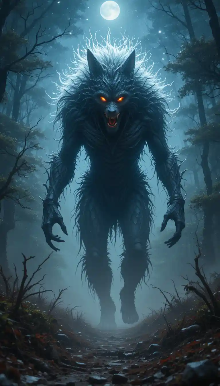 Fera semelhante a lobo espreitando uma estrada rural escura