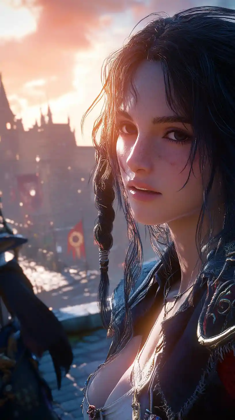 Close up of anime pirate girl on a city street