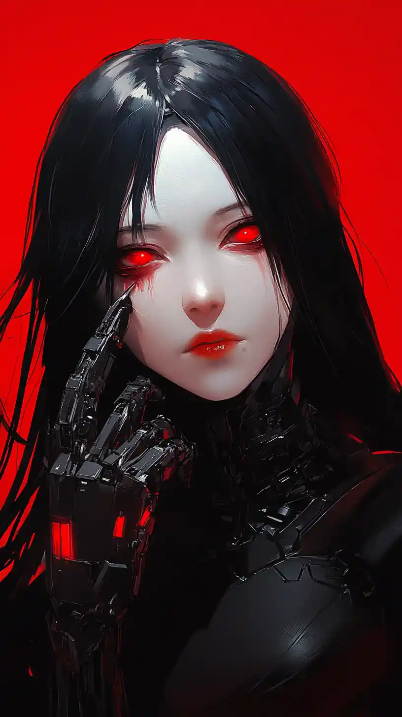 Cyborg-Frau mit purpurroten Augen vor rotem Hintergrund