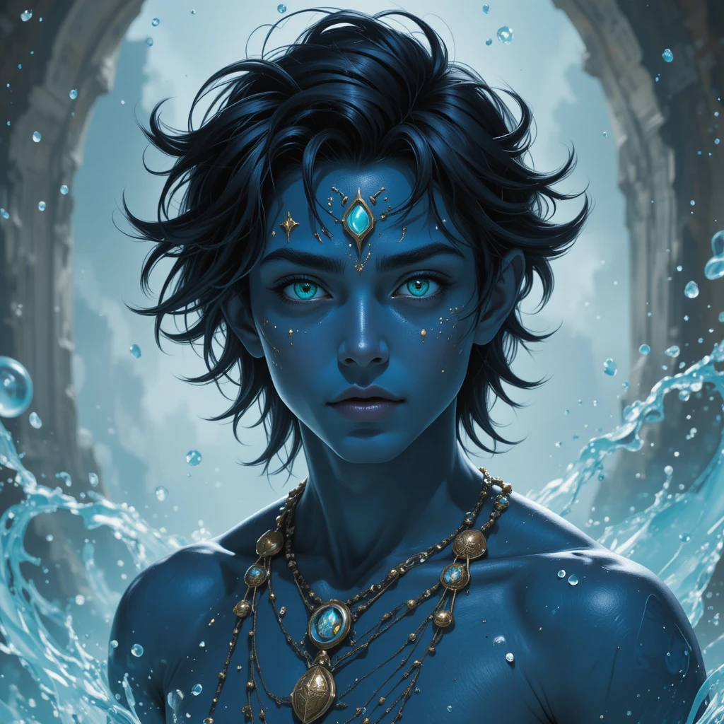 Blue skinned water god with dark turquoise eyes and wet hair