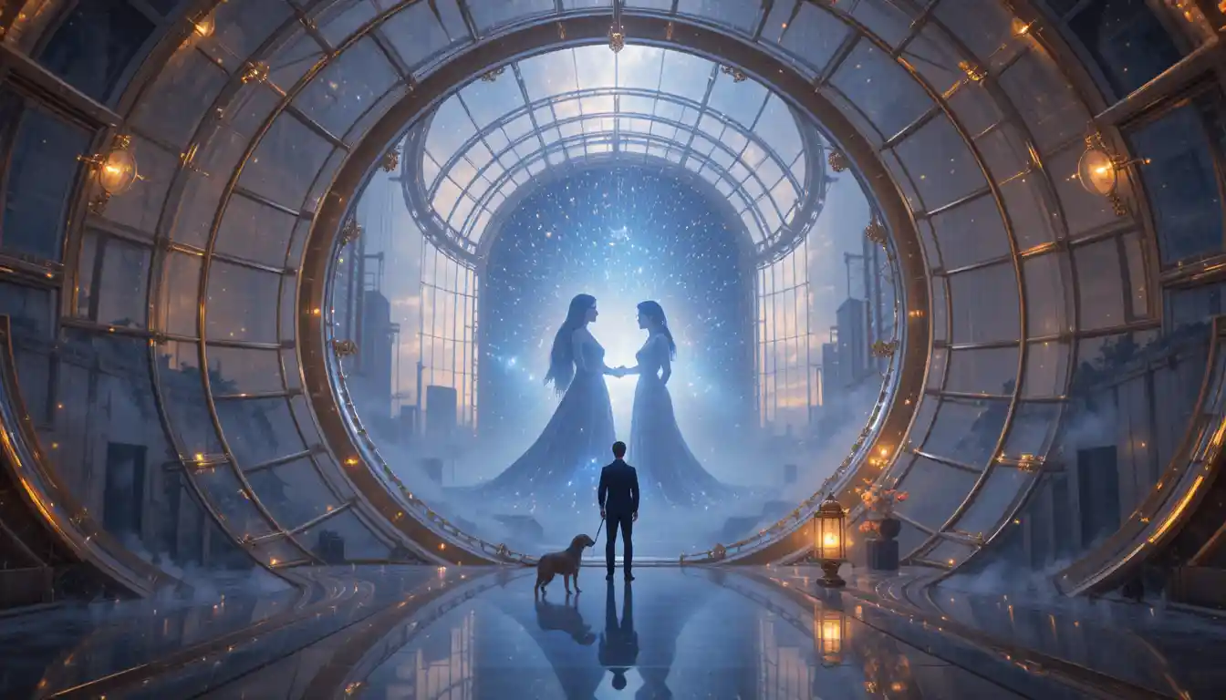 Man in glass sanctuary facing glowing cosmic portal