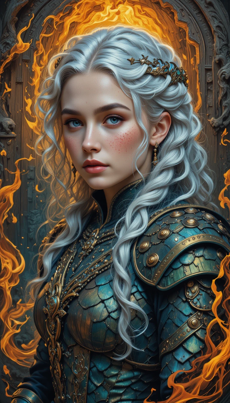 Regal warrior queen in flaming fantasy throne room