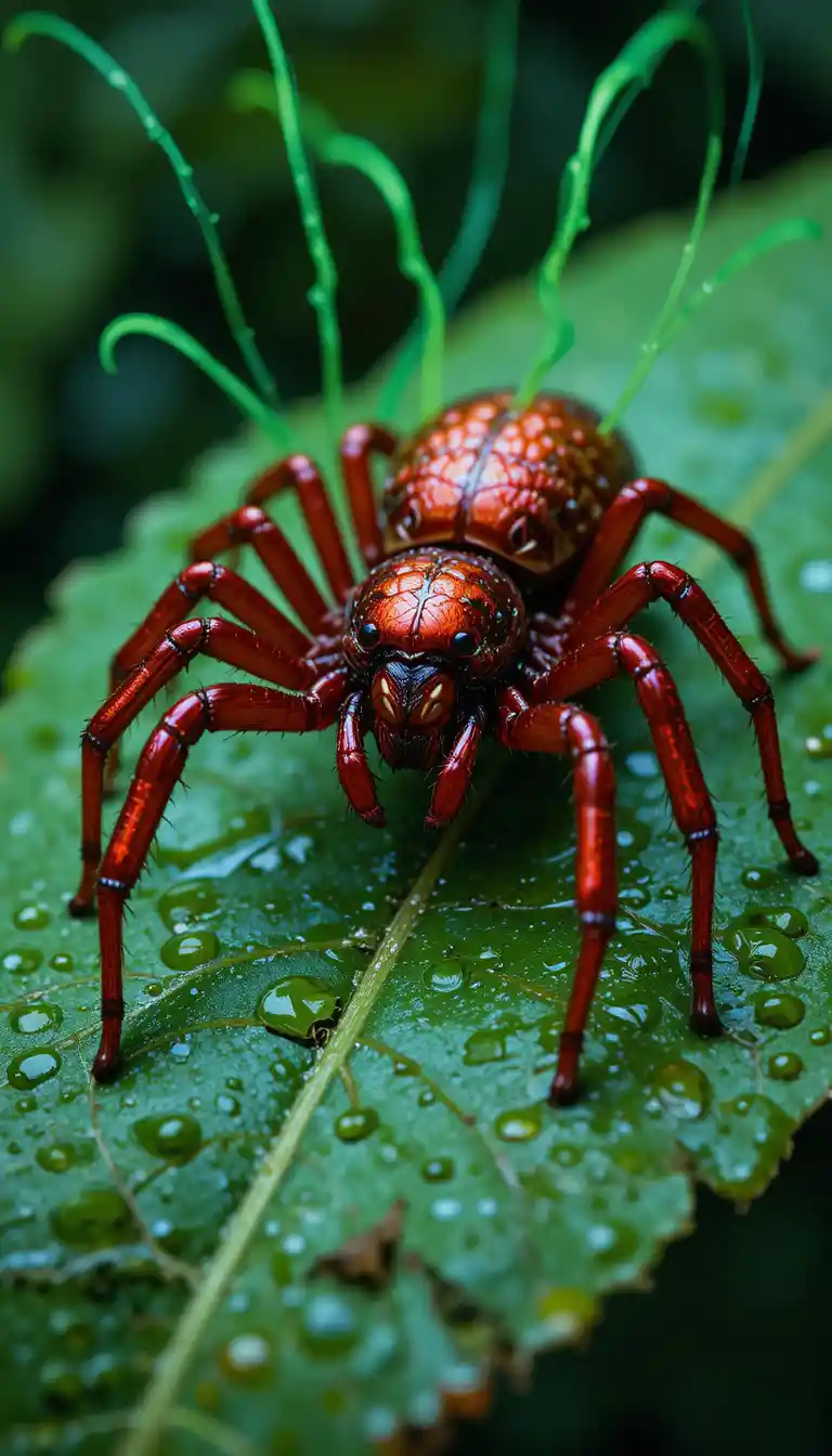 Metallic red spider on wet green leaf with glowing webs