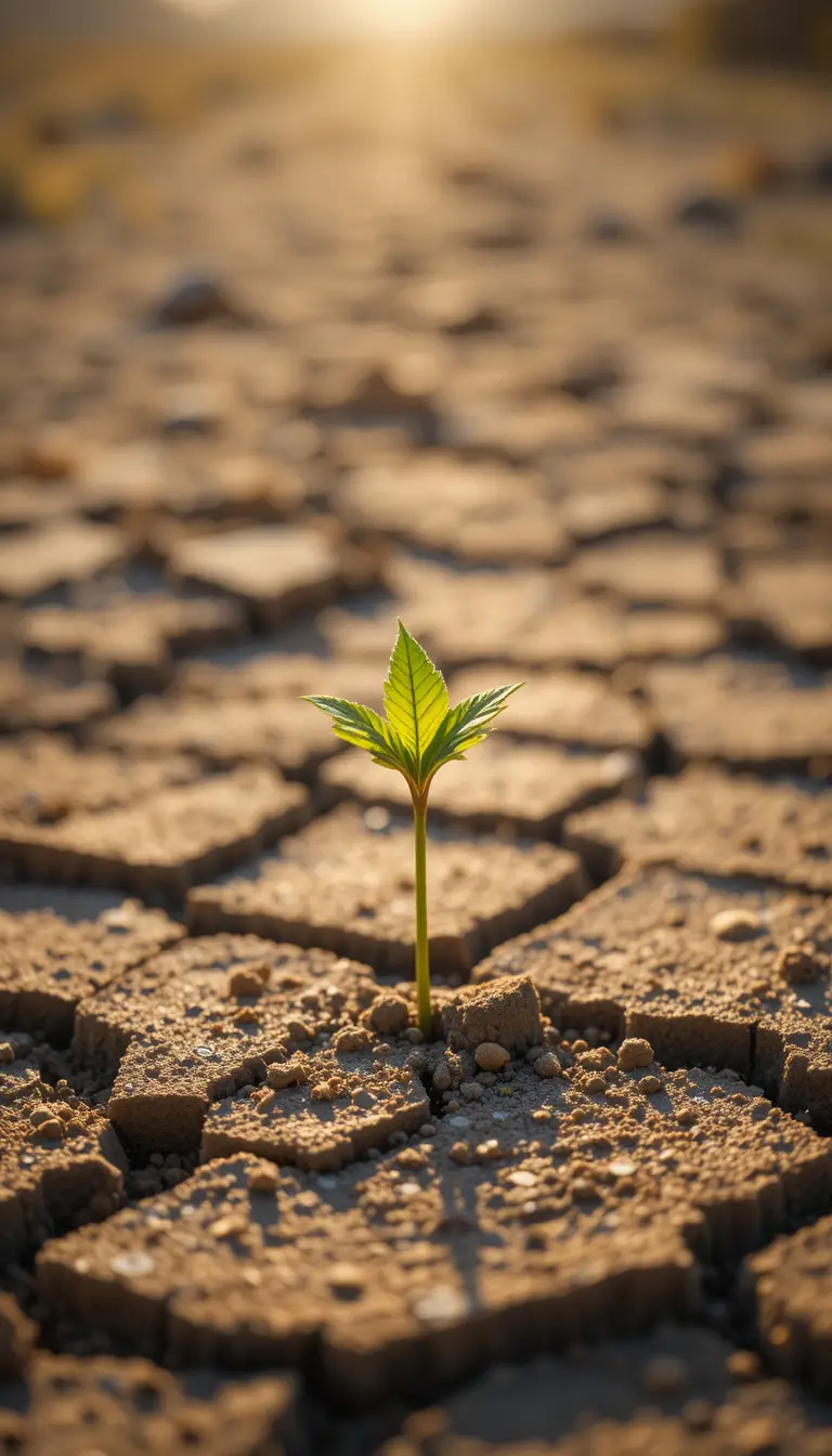 Tiny green seedling emerging from cracked desert soil