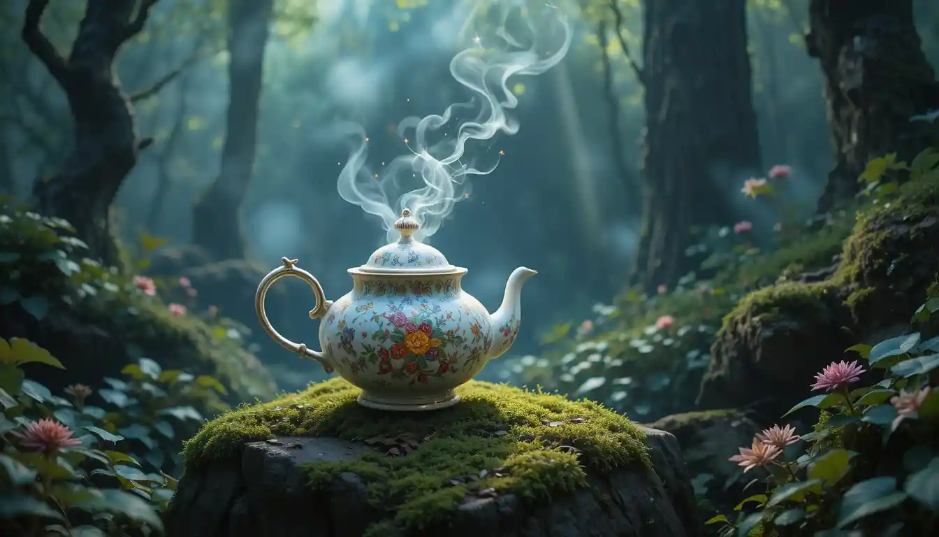 Magical Porcelain Teapot On Mossy Stone In Enchanted Forest