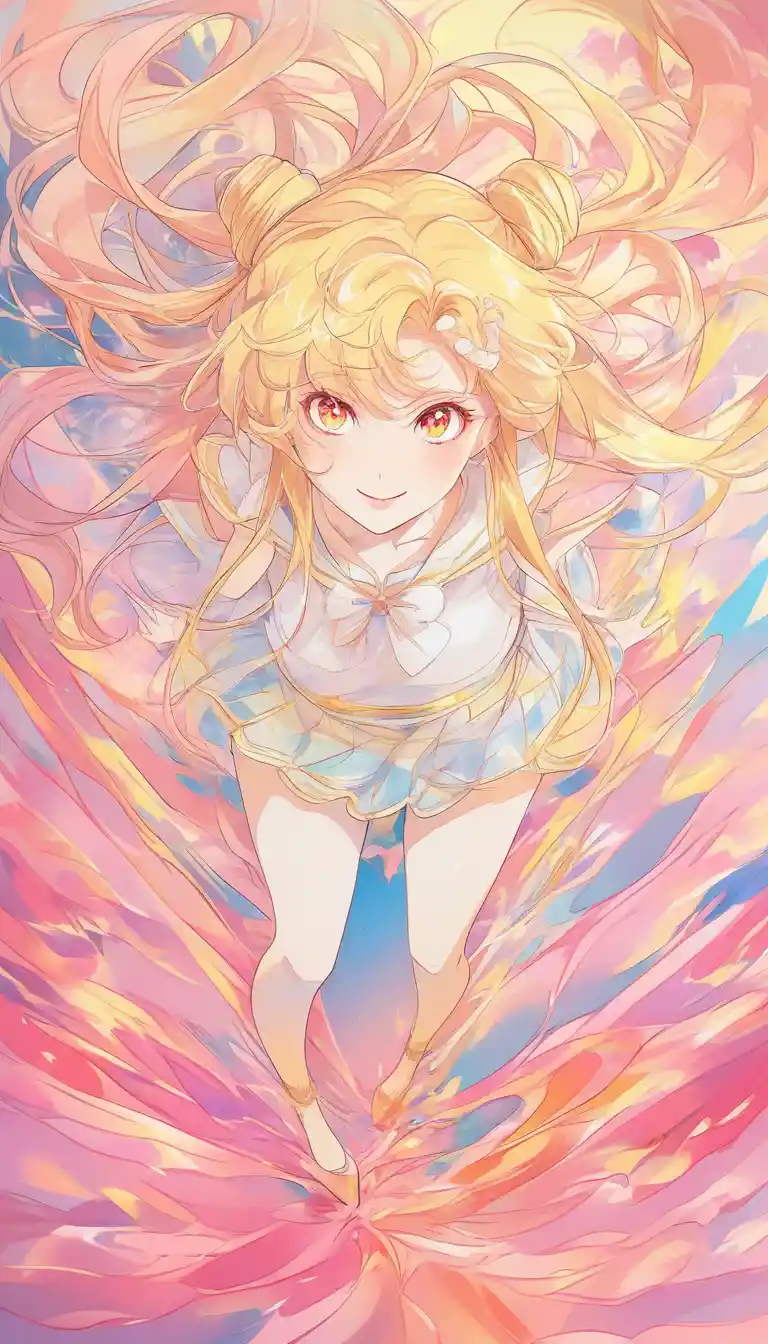 Fille d’anime sous un ciel de lever de soleil en style commercial moderne