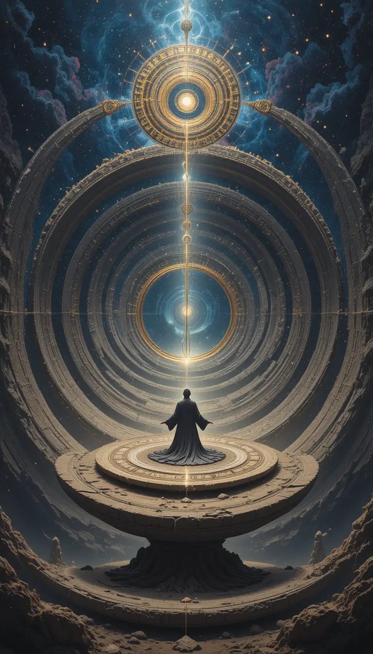 Mystical cosmic realm with concentric rings of existence