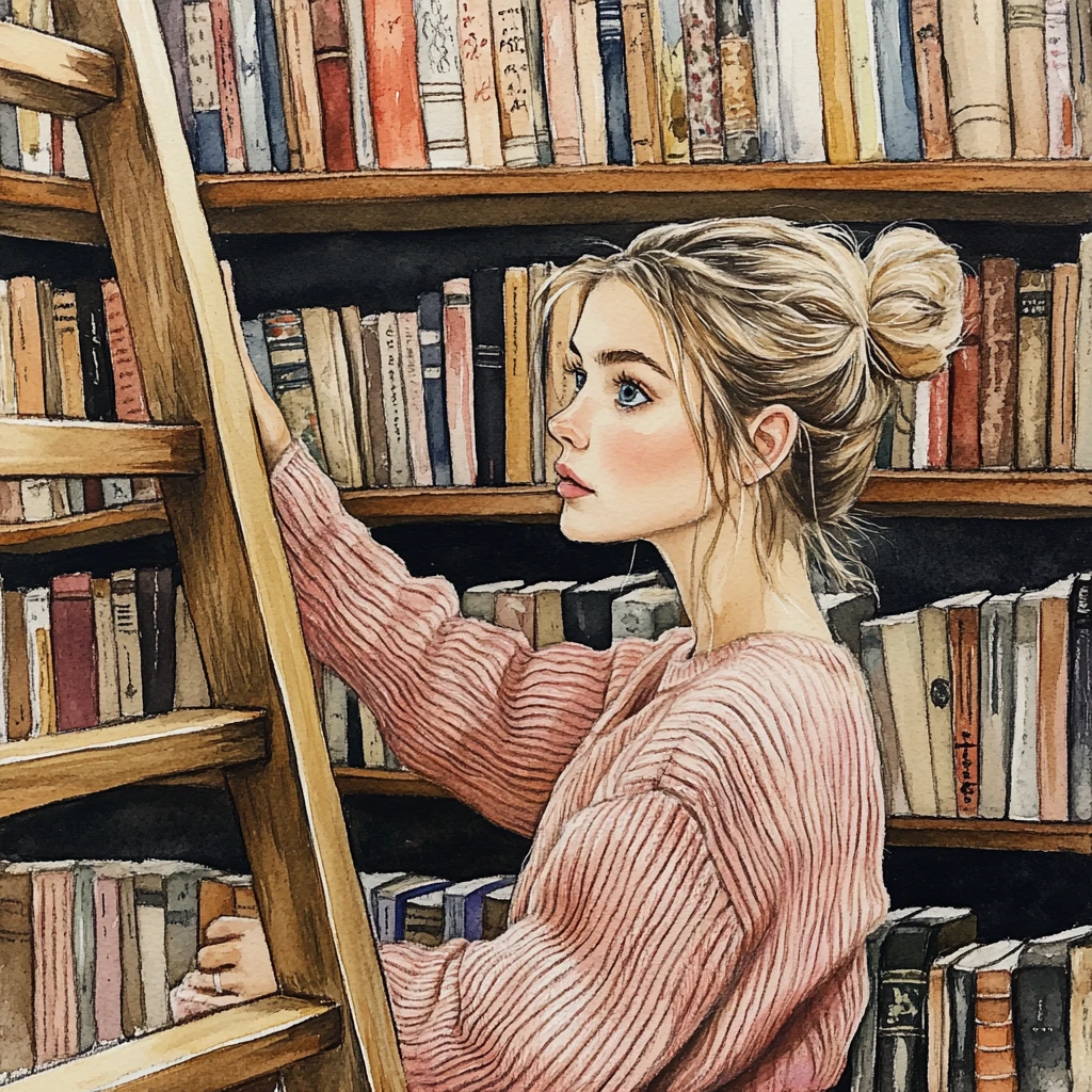 Donna che sfoglia libri su una scala di legno in una biblioteca ad acquerello