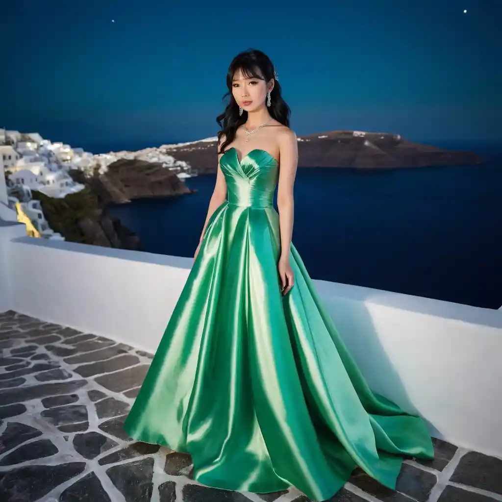 Elegant Japanese woman in green satin gown at night