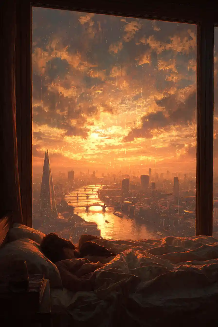 Couple Relaxing In Bed Overlooking Sunset City Skyline