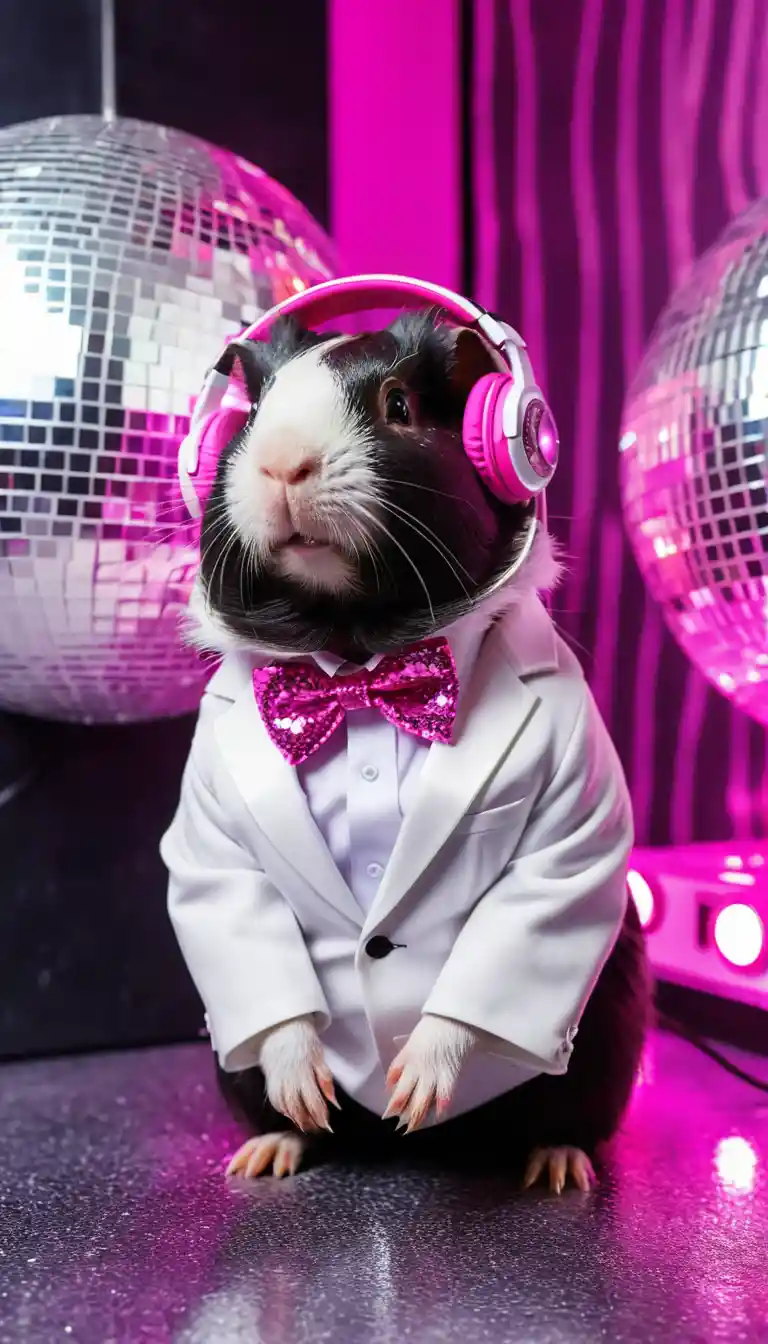 Guinea Pig In Tuxedo With Pink Disco Headphones