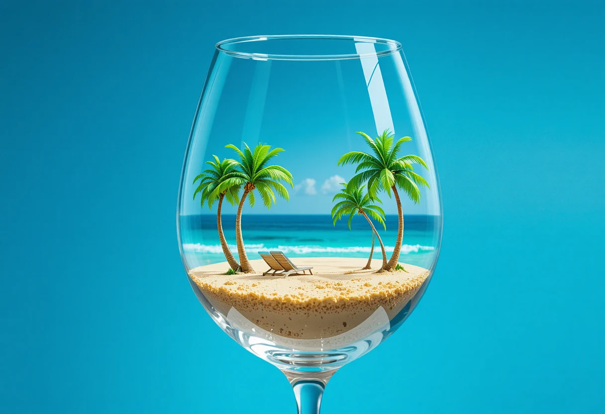 Spiaggia tropicale surreale dentro un calice di vino trasparente