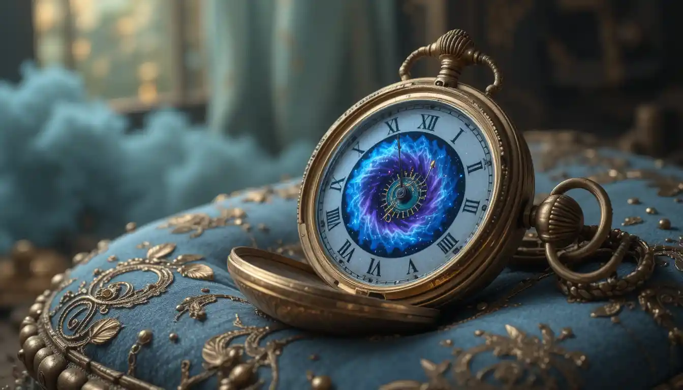 Orologio da tasca surreale con nebulosa cosmica vorticosa