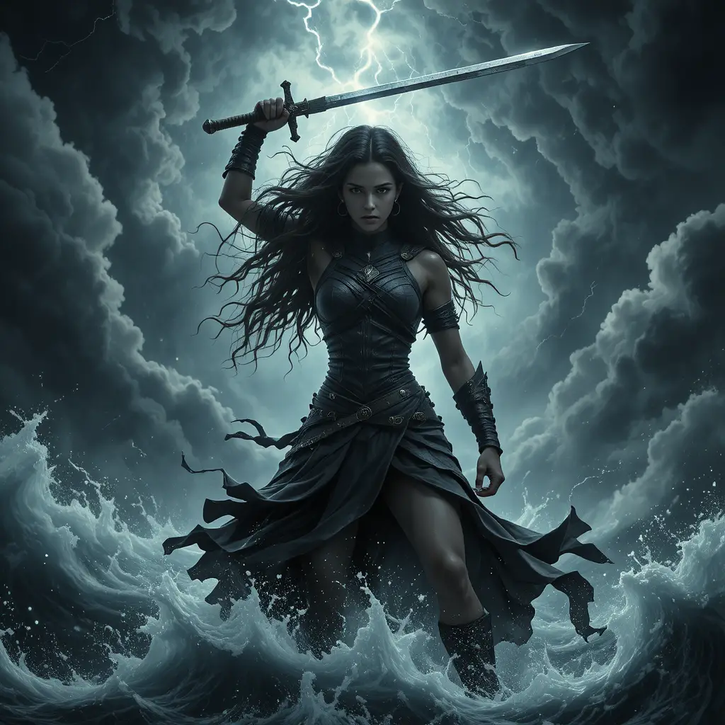 Warrior woman standing against a raging lightning storm