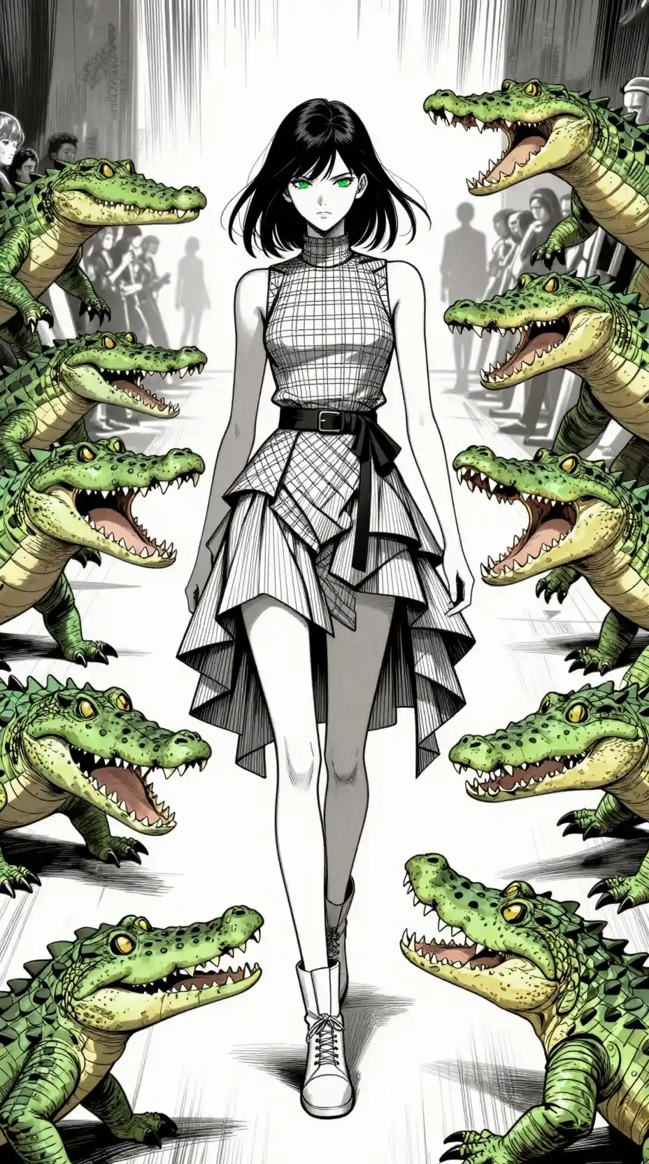 Anime-Fashion-Model auf dem Laufsteg mit kreisenden Krokodilen