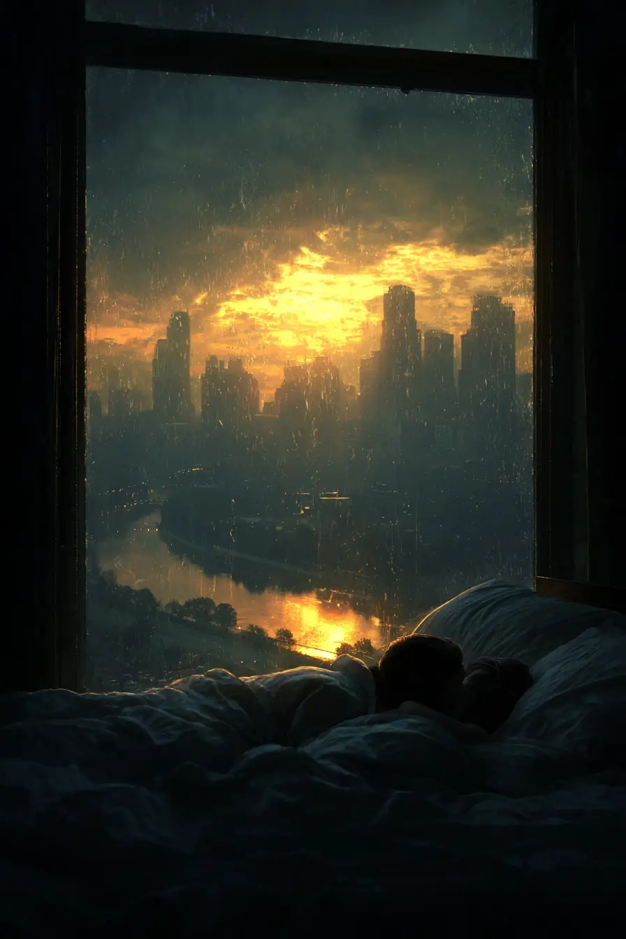 Romantic couple relaxing in bed before a glowing city sunset