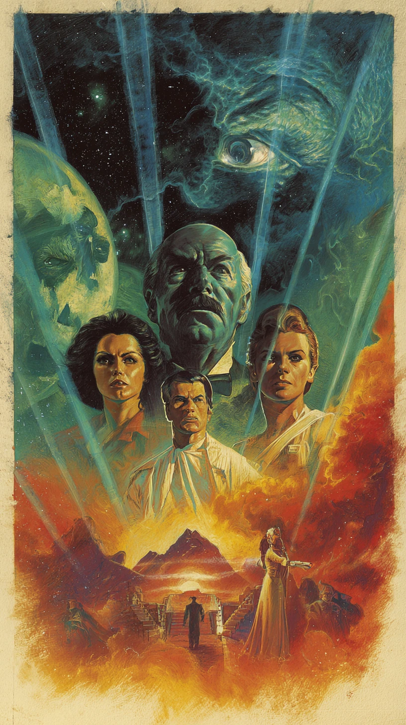 Póster vintage de ciencia ficción con monstruos emergiendo del espacio