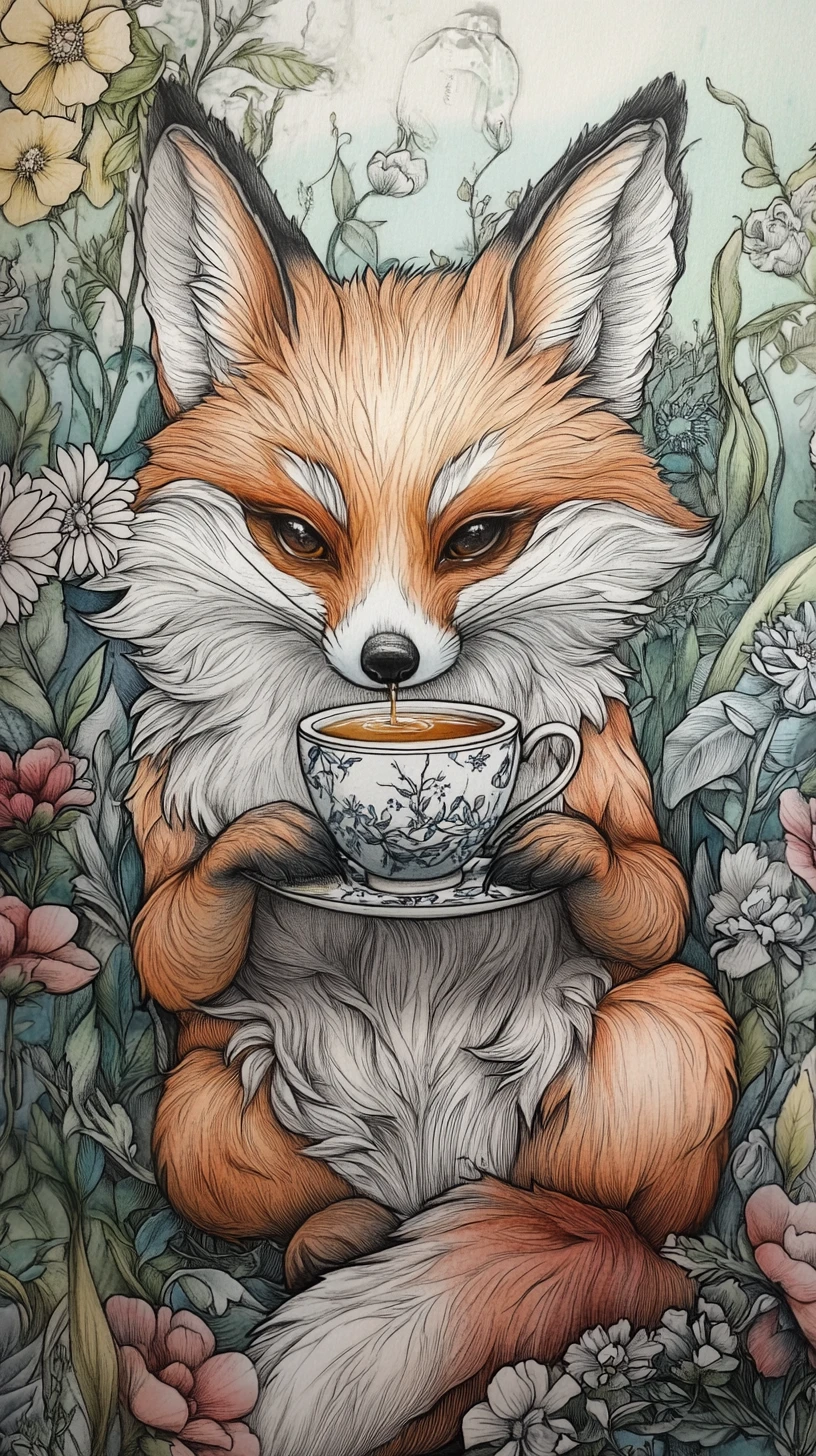 Criatura fantástica tipo zorro bebiendo té caliente en la naturaleza