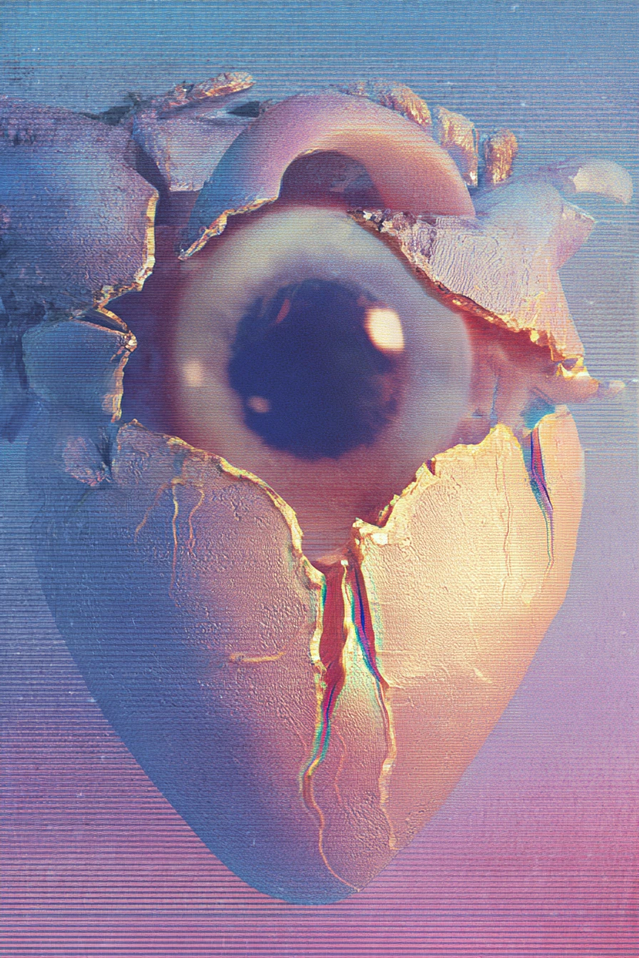 Glitchcore vaporwave illusion with kawaii hearts and tears