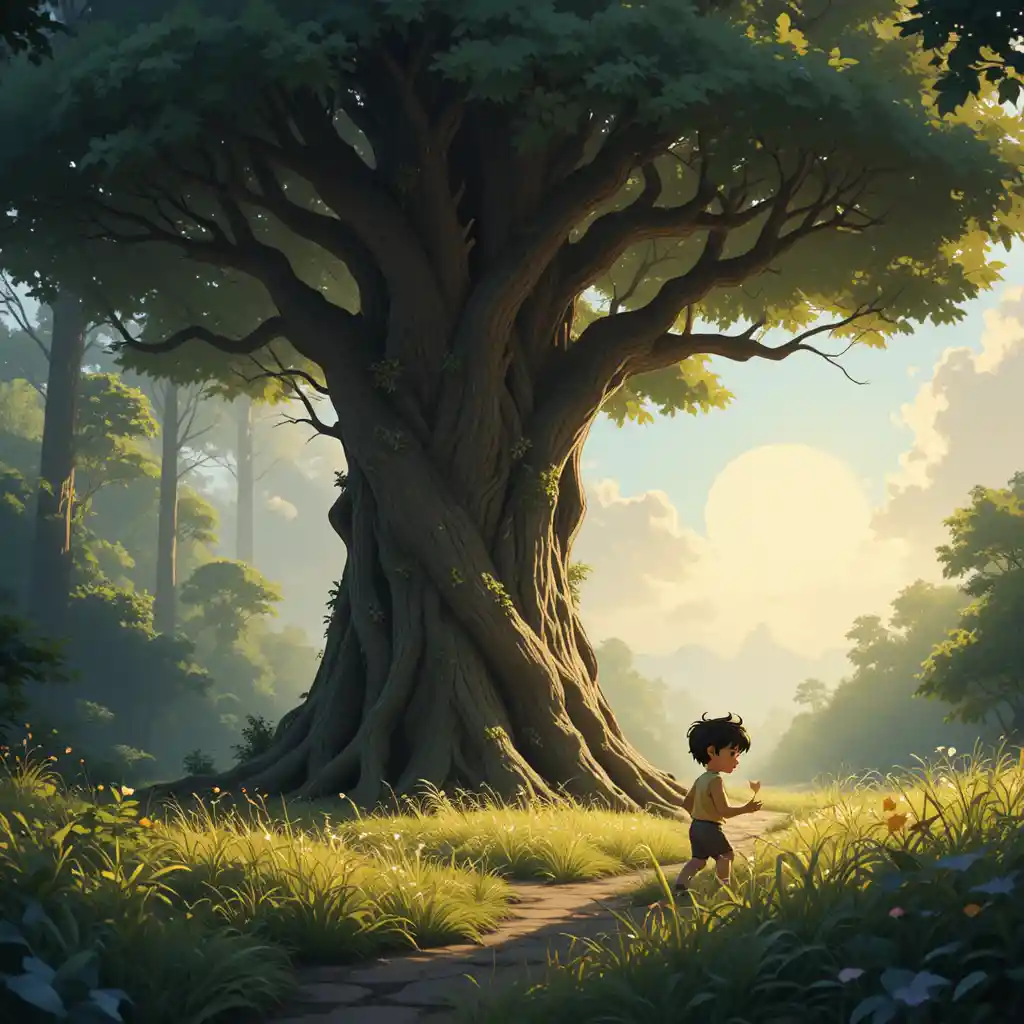 Curious boy running along a forest path at sunrise