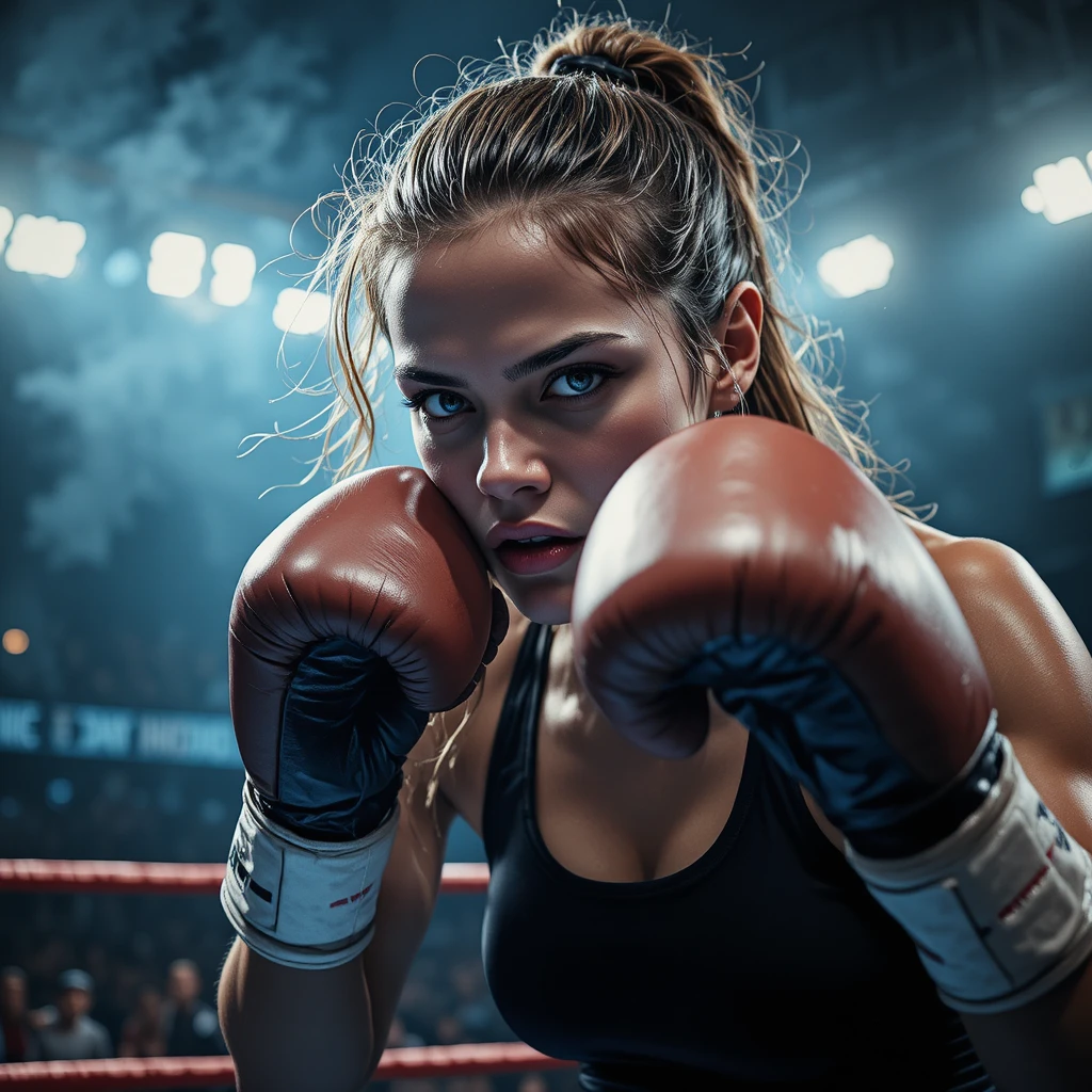 Fierce female boxer throwing a powerful close up punch