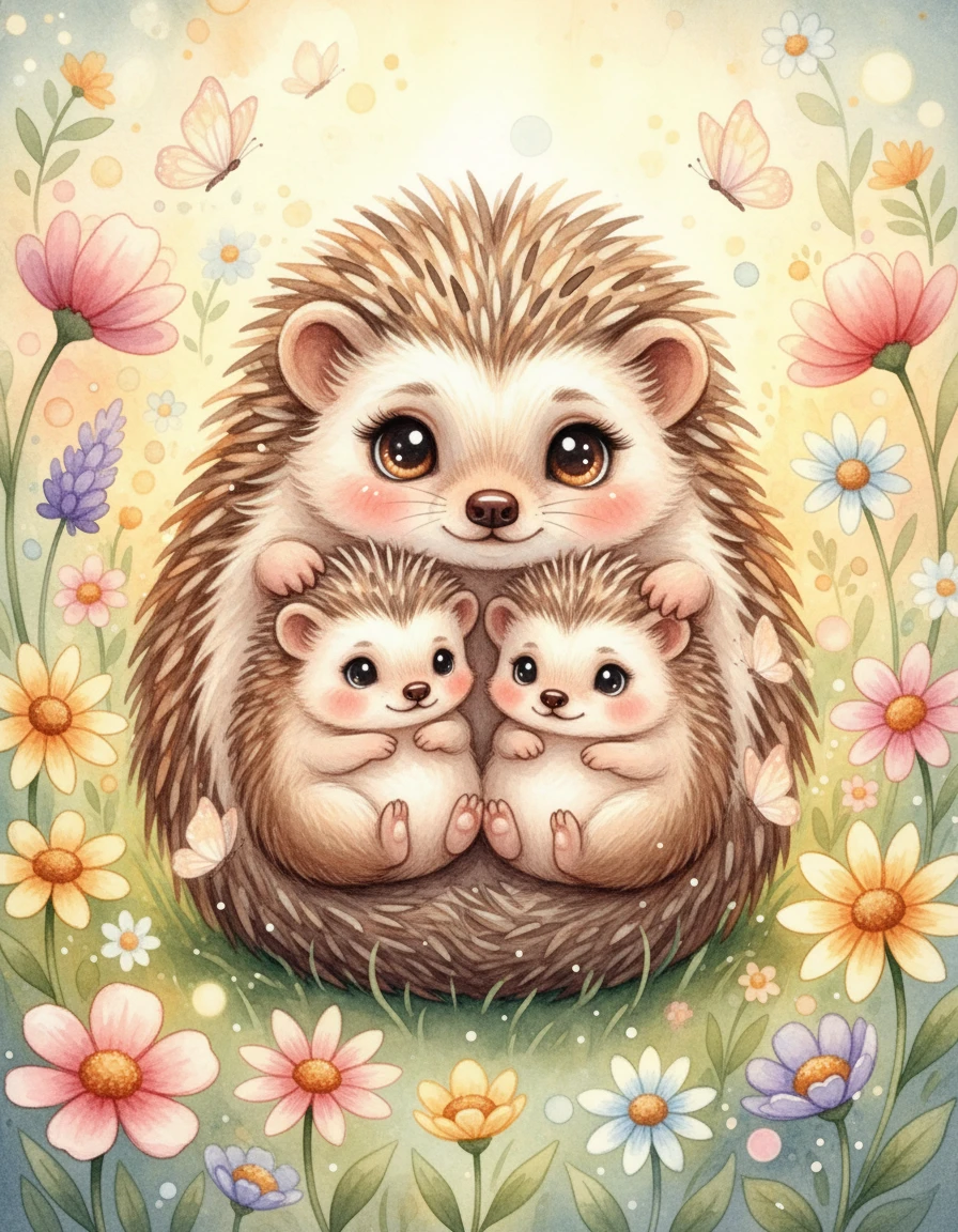 Aquarell-Igelmutter, die drei Babys auf der Wiese kuschelt