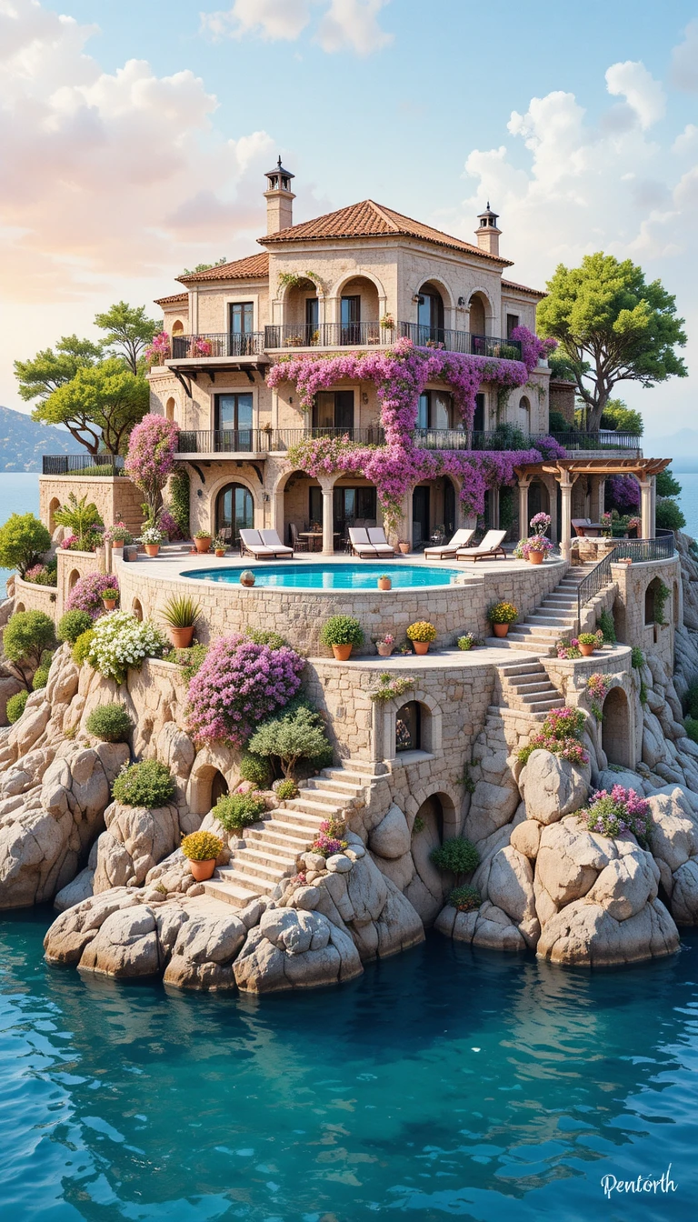 Mediterranean cliffside villa with infinity pool at sunset