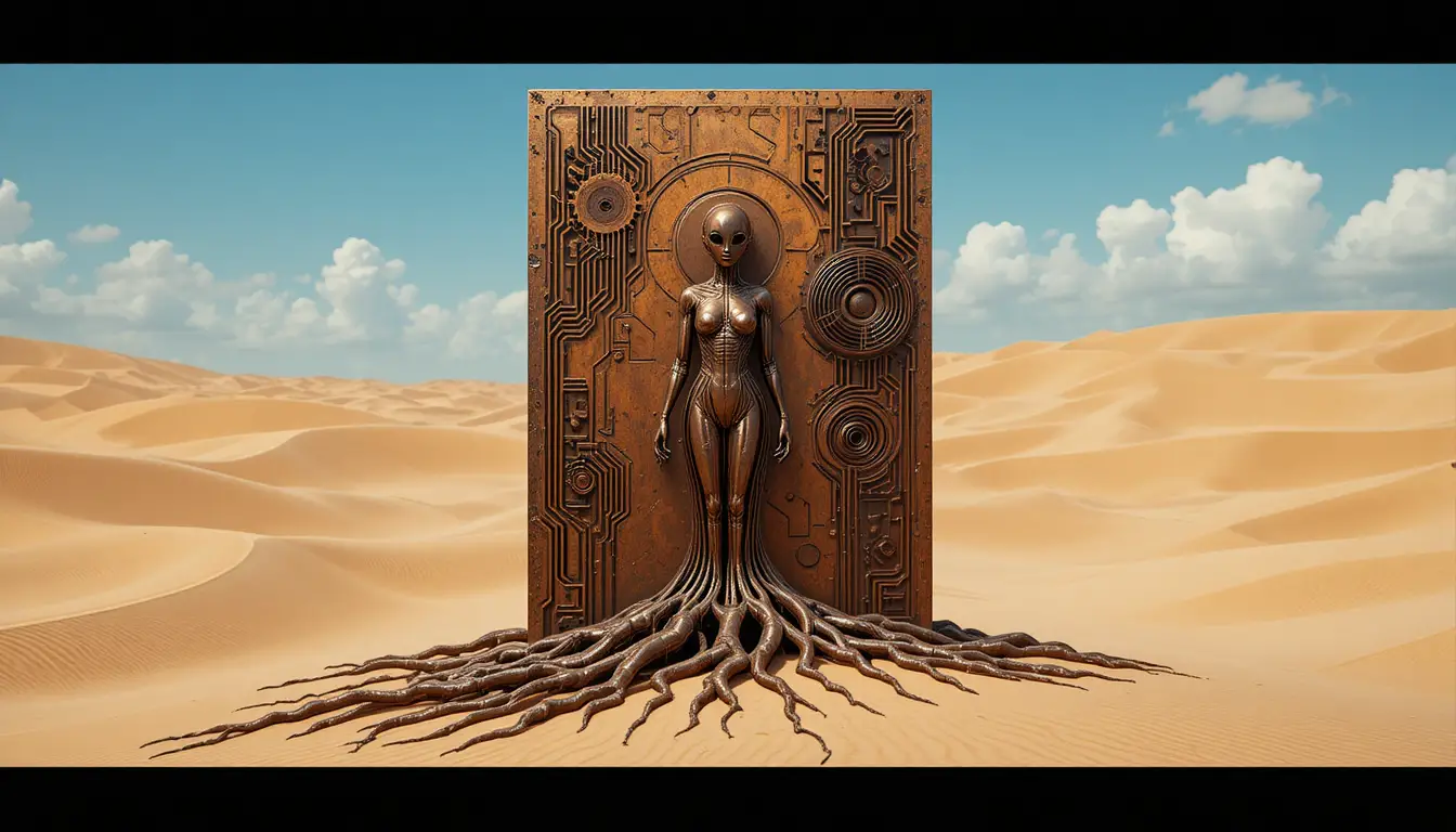 Abstract sculpture towering over sunlit desert dunes